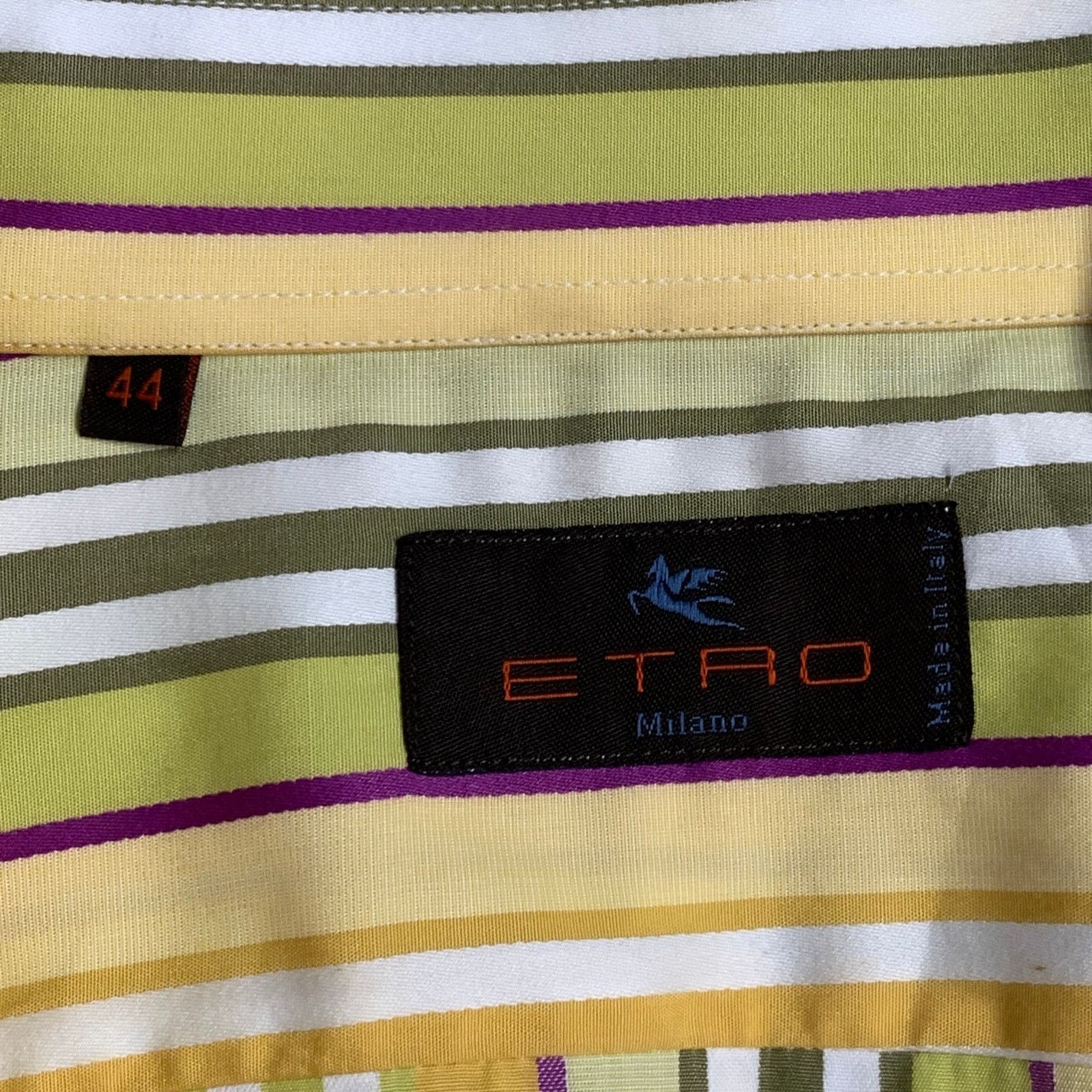 Etro ETRO Yellow Green White Stripe Cotton Curved Cutaway Shirt Size US XL / EU 56 / 4 - 7 Thumbnail