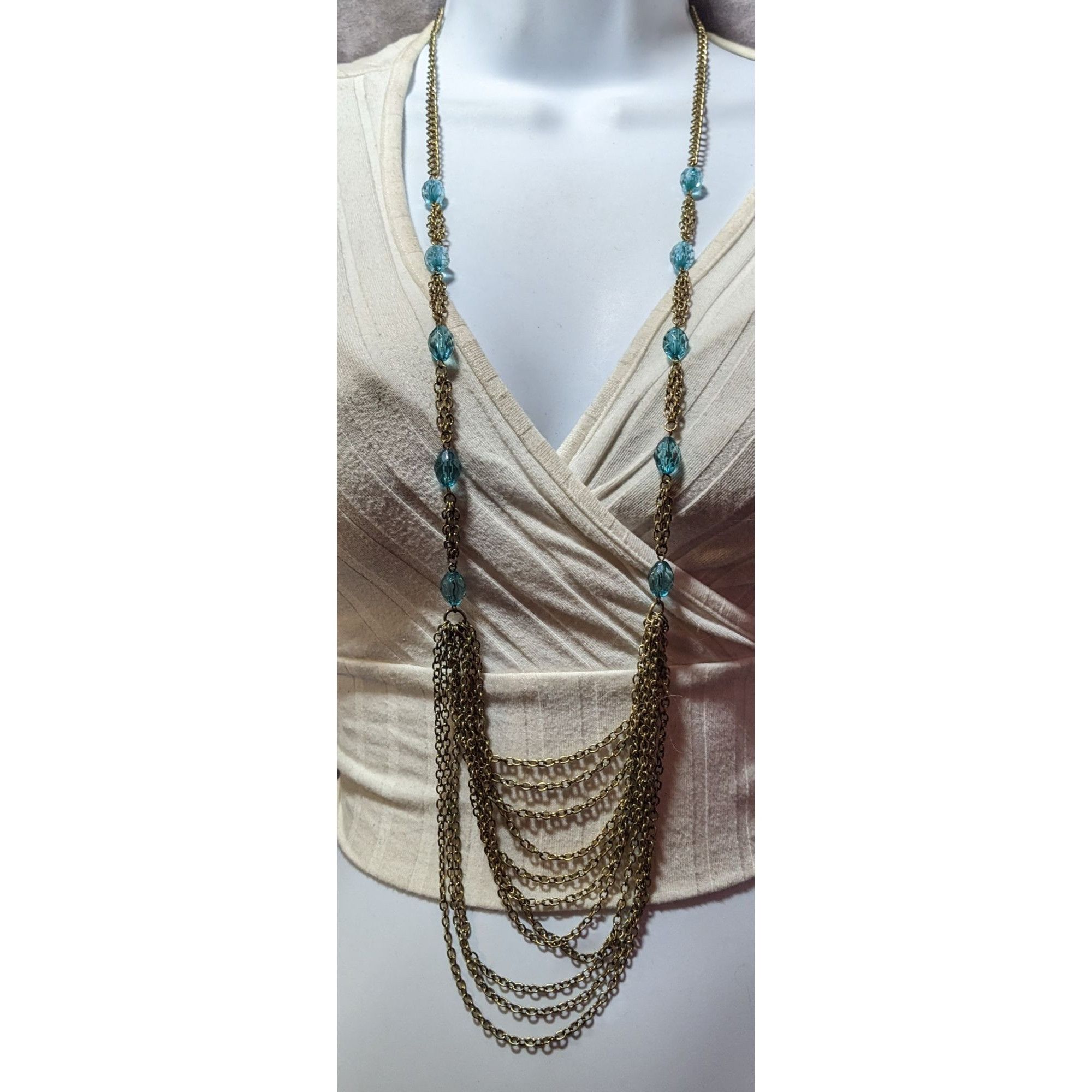 Other Layered Gold Tone Glam Necklace With Blue Beaded Accents Size ONE SIZE - 5 Thumbnail