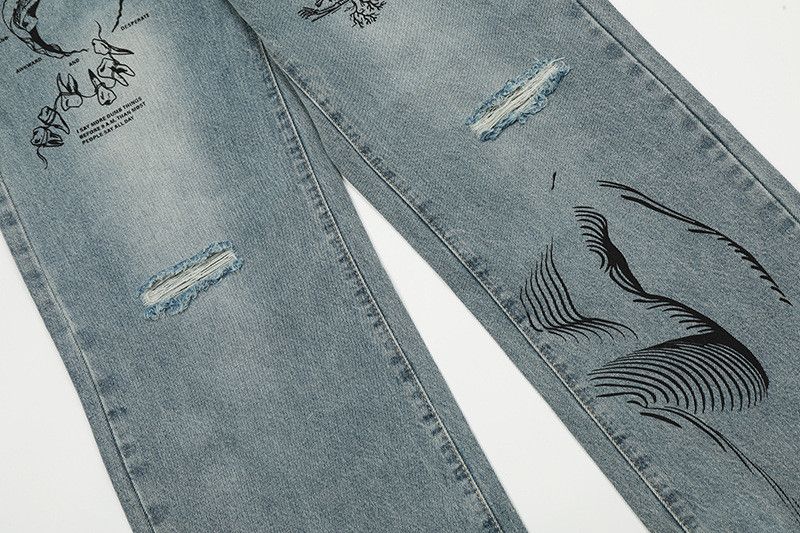 Jean American retro street graffiti print ripped jeans for men Size US 32 / EU 48 - 5 Thumbnail