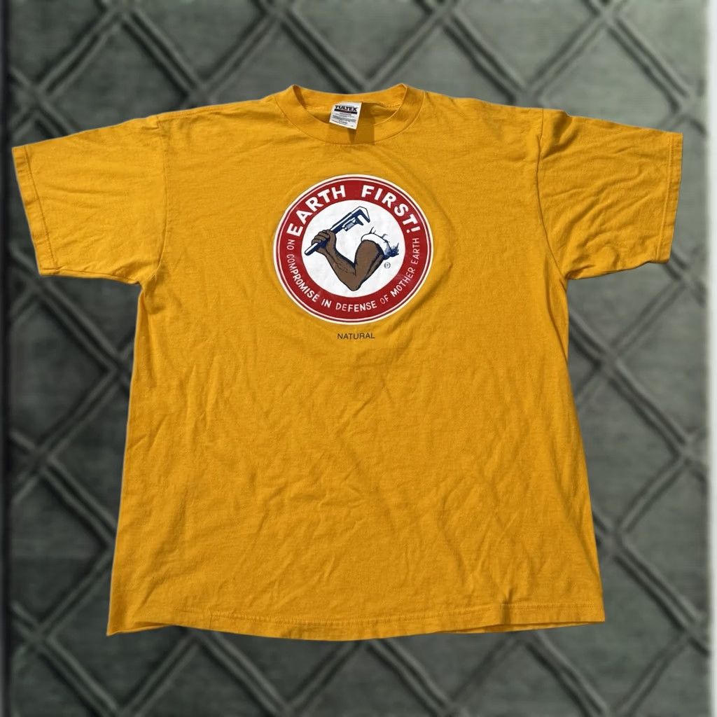 Tultex VINTAGE Earth First! Arm & Hammer Shirt XL Mike Foreman Ecotage ELF Greenpeace T-Shirt Crew Neck Short Sleeve Cotton Yellow 1990s Men Size US XL / EU 56 / 4 - 1 Thumbnail