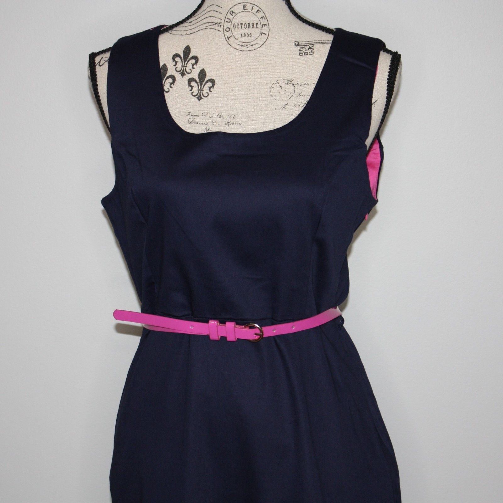 Other Monteau True To Form Navy Blue Dress with Pink Trim & Belt Size L / US 10 / IT 46 - 6 Thumbnail