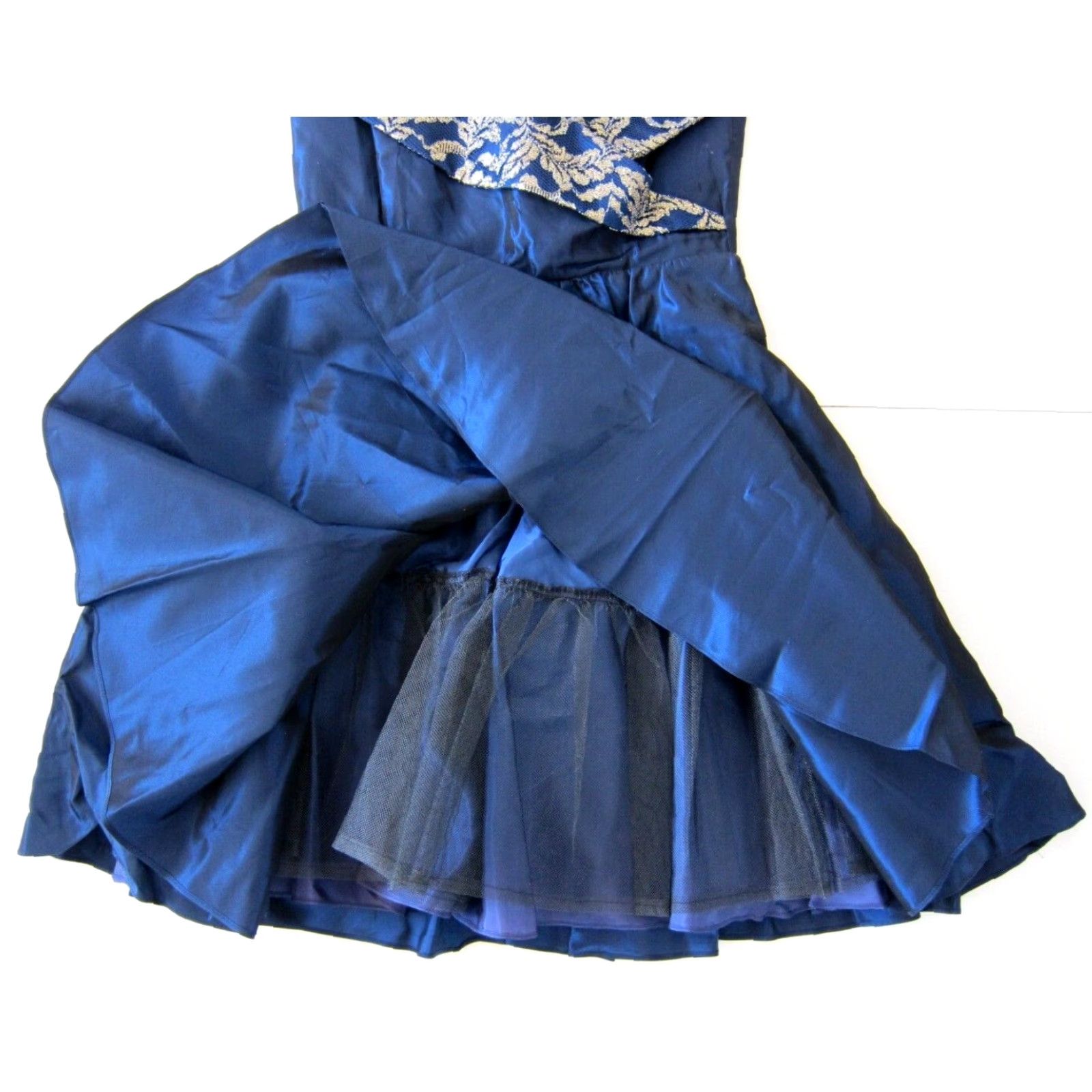 Vintage Evening Chic Lola Berent Blue Satin Empire Dress 11/12, Vintage, Collared, Gold Floral, Knee Length, Short Sleeve, Party/Cocktail, Women Size L / US 10 / IT 46 - 7 Thumbnail