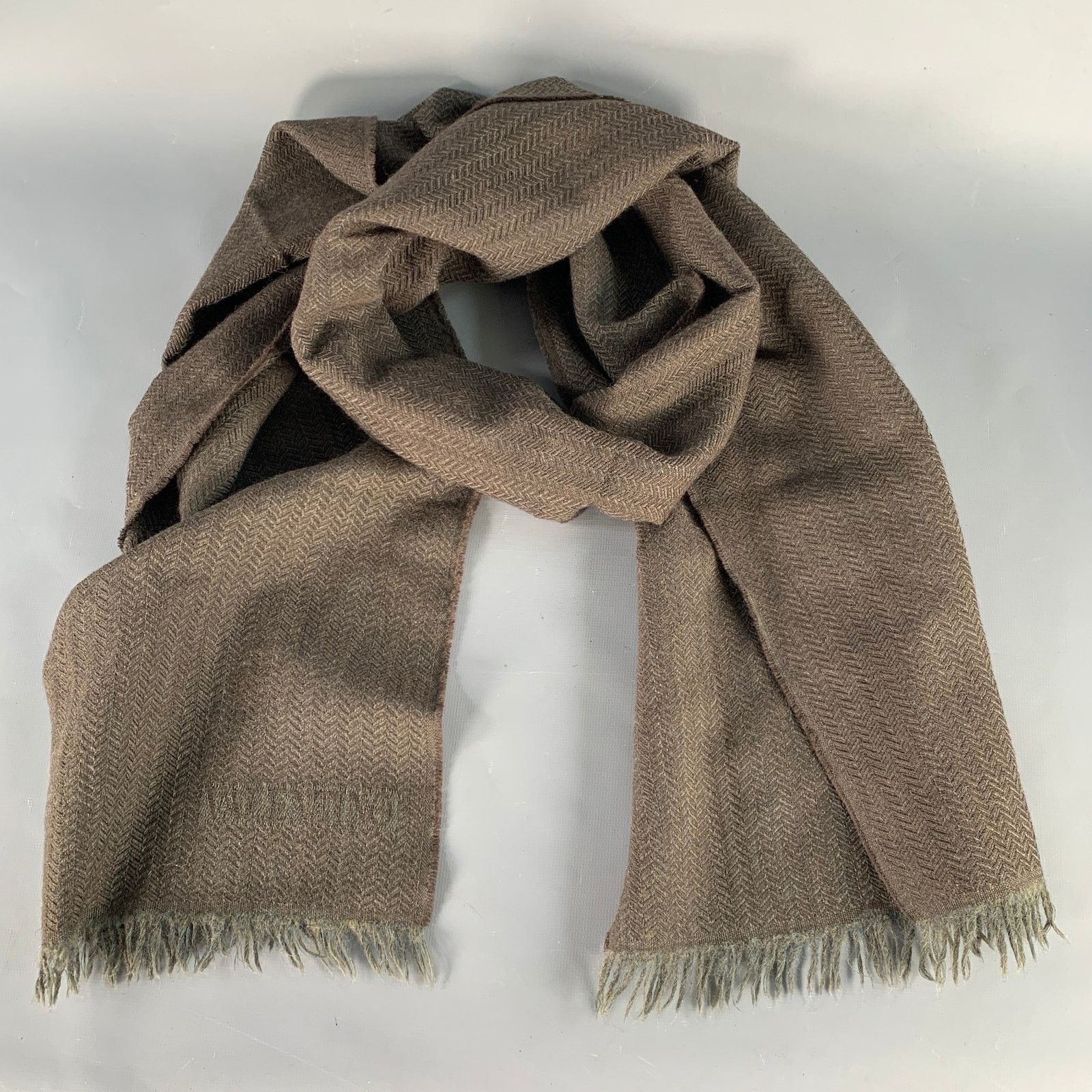 Valentino VALENTINO Brown Olive Herringbone Wool Fringe Scarf Size ONE SIZE - 1 Thumbnail