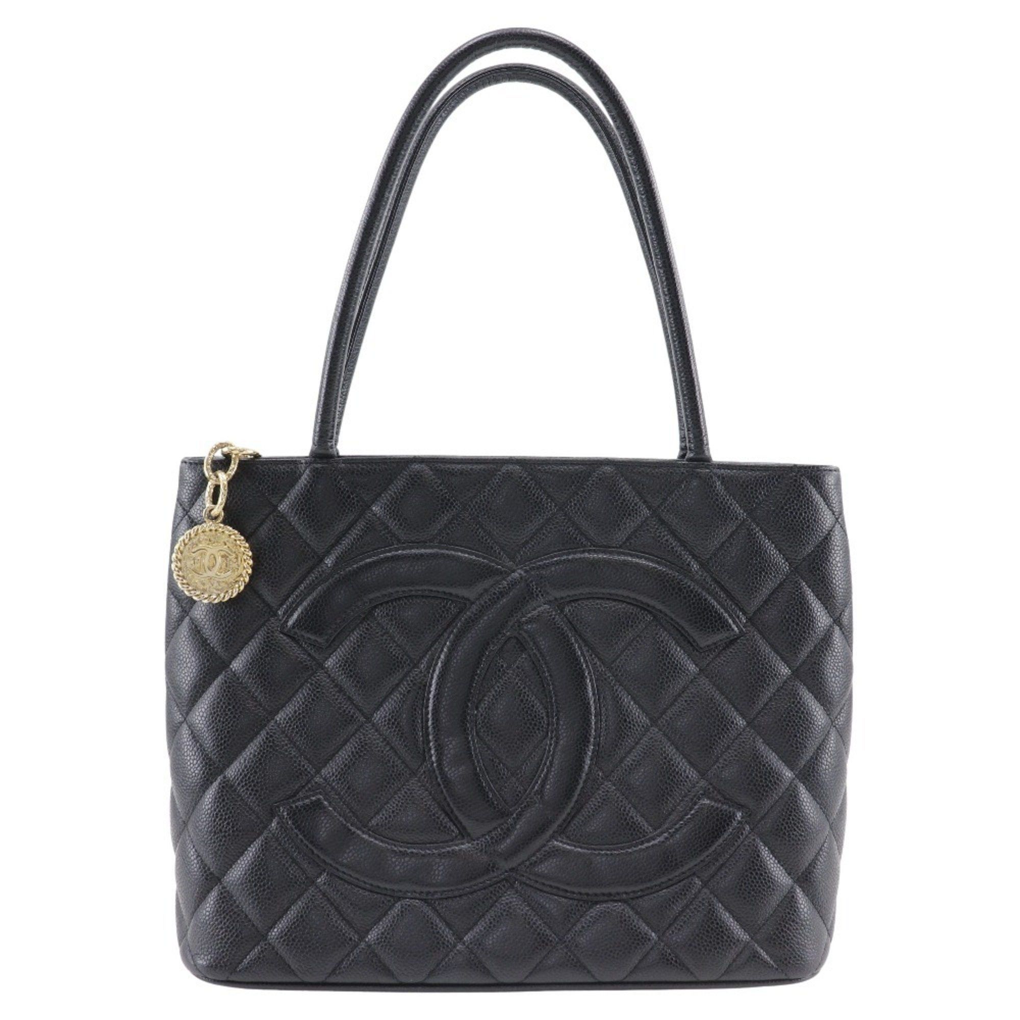 CHANEL Reprint Tote Bag A01804 Caviar Skin Black A5 Medallion for Women