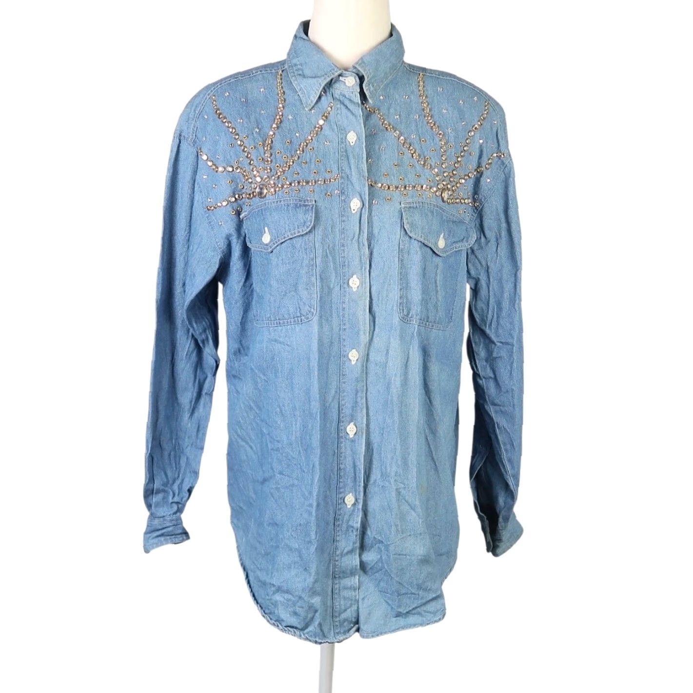 Denime VINTAGE Clodia Dee Blue Denim Shirt Button-Down Rhinestone Beaded Western 80s Bohemian M Womens Size M / US 6-8 / IT 42-44 - 2 Thumbnail