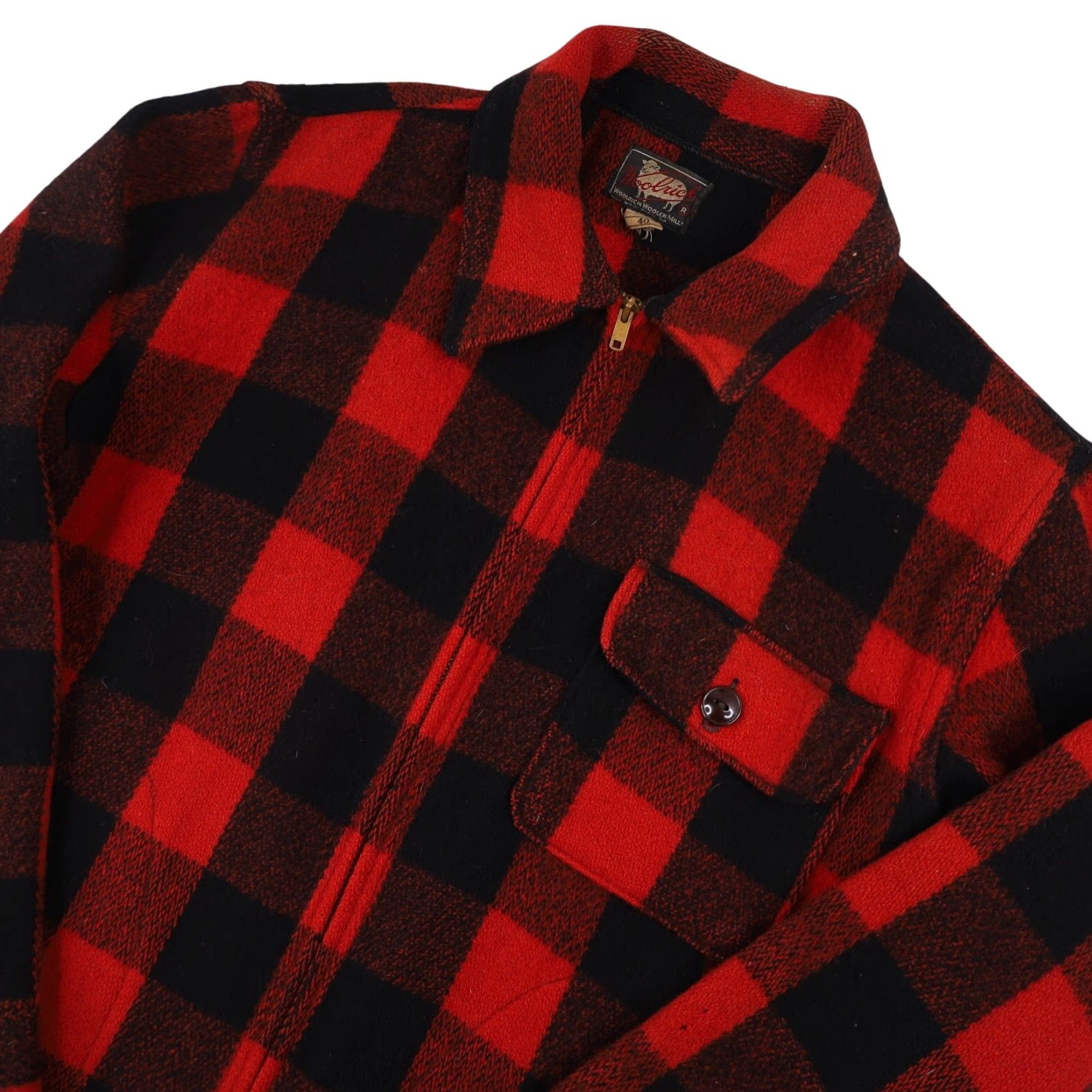 VINTAGE Woolrich Wool Shirt Jac Buffalo Plaid Mens M Red 40s/50s Talon Zipper 8/10