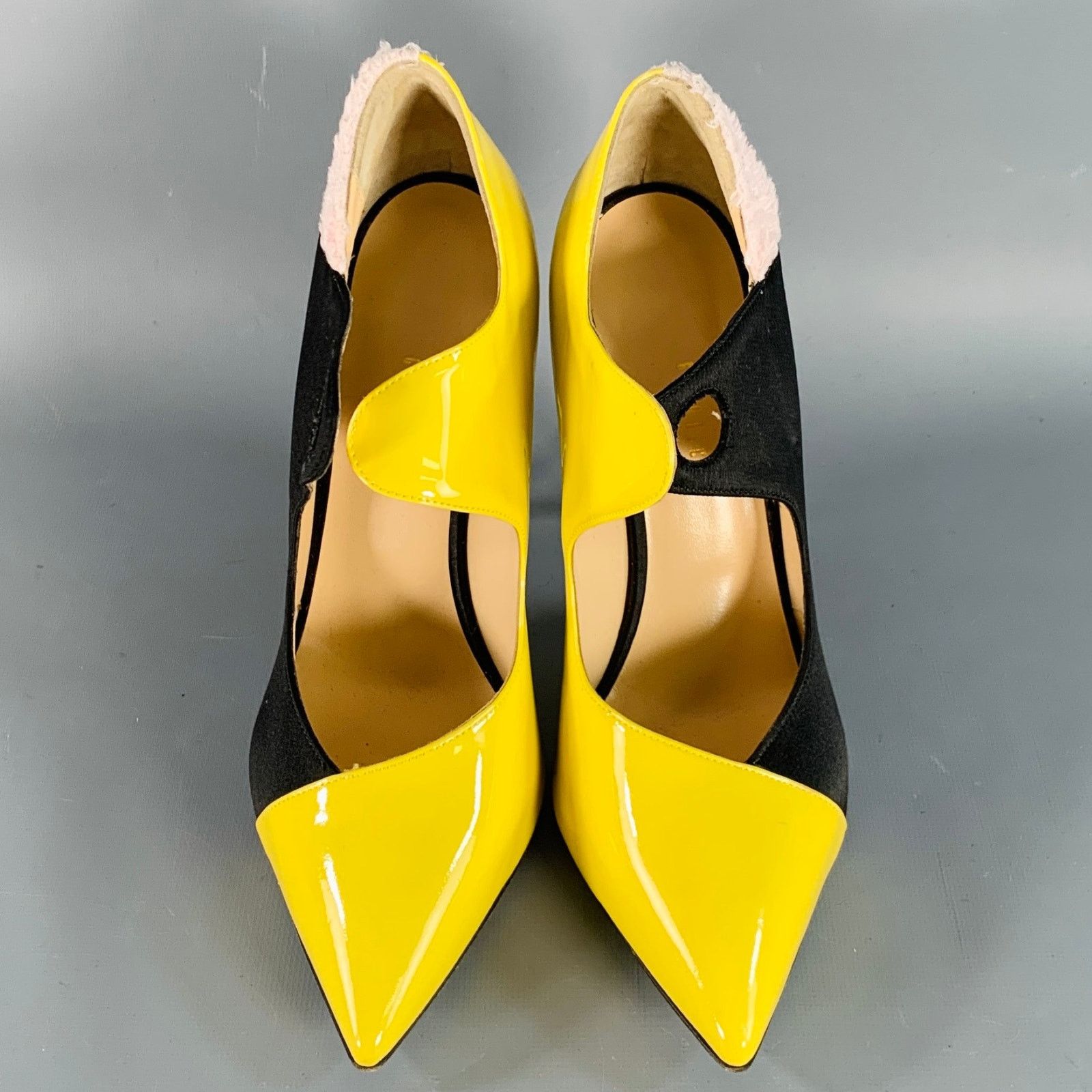 Other Yellow Black Pink Color Block Mixed Fabrics Stiletto Pumps Size US 8.5 / IT 38.5 - 4 Thumbnail