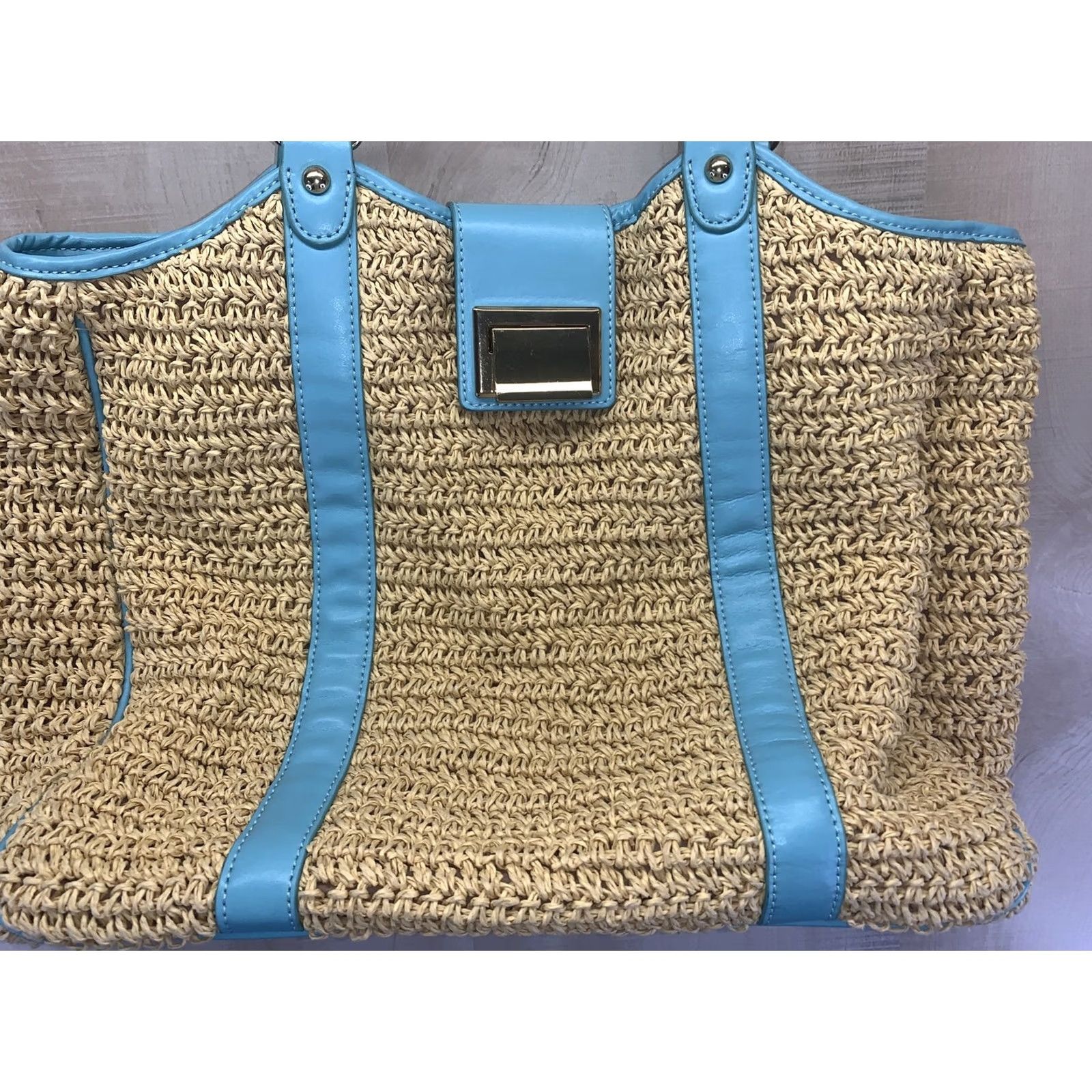 Talbots VINTAGE Talbots Paper Straw Woven Bag Shoulder Bag Womens Teal Blue Leather Trim Gold Accents Size ONE SIZE - 6 Thumbnail