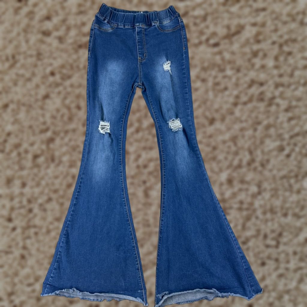 Denime VINTAGE Aaron & Amber Pants Junior Large Blue Denim Jeans Pull On Distressed Flare 24x31 Size 36" / US 14 / IT 50 - 1 Thumbnail