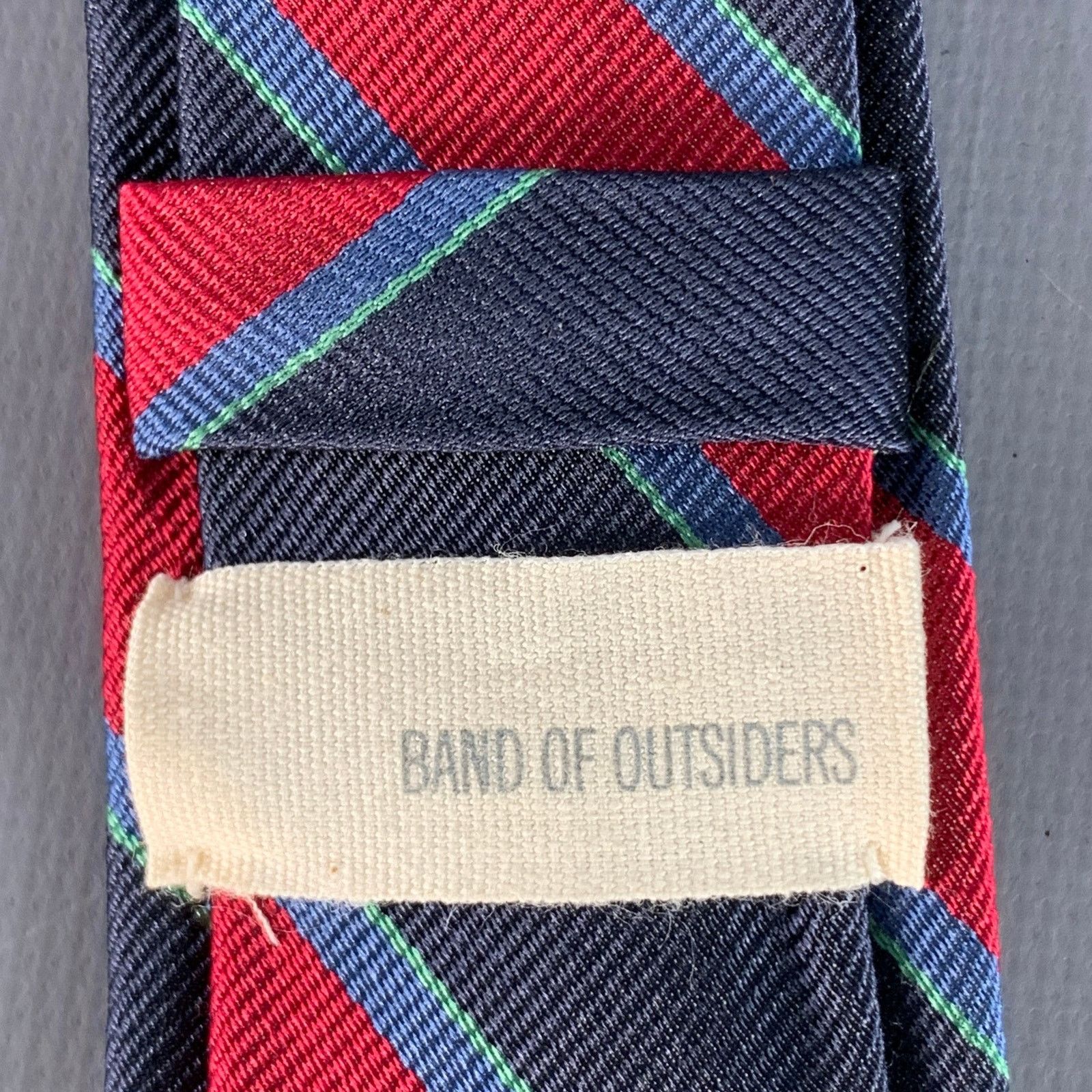 Band Of Outsiders Navy Red Green Diagonal Stripe Silk Skinny Tie Size ONE SIZE - 3 Thumbnail