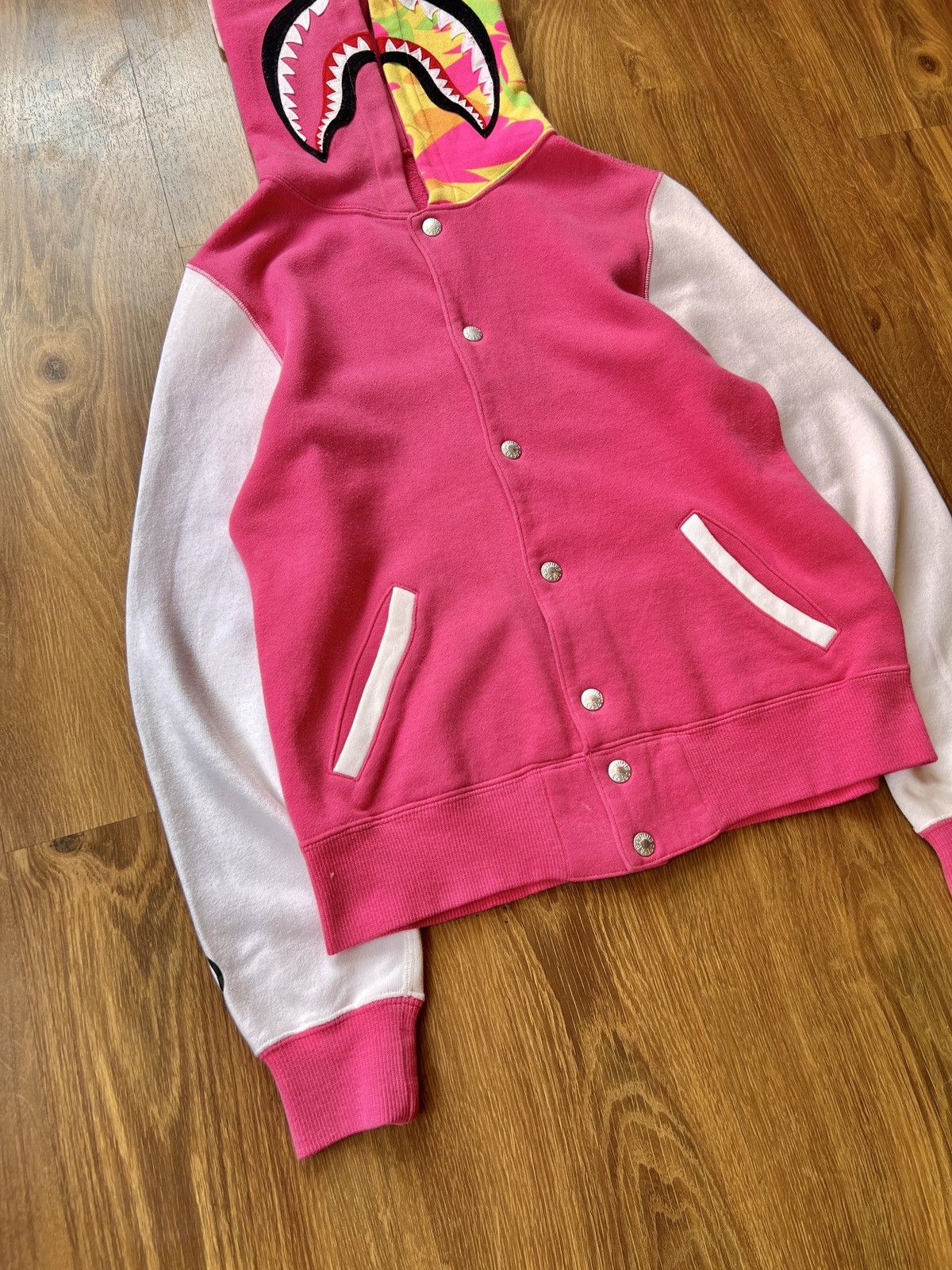 Bape Rare Bape Shark Camo Varsity Jacket / Hoodie (Pink) Size S / US 4 / IT 40 - 6 Thumbnail