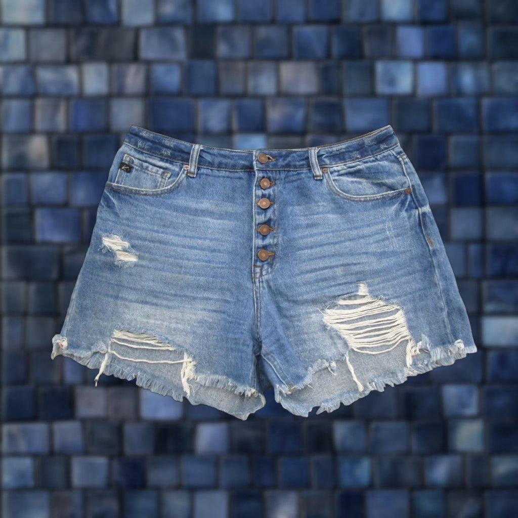 Vintage VINTAGE KanCan Women’s Denim Shorts Distressed Cut-Off Raw He Blue 5-Pocket Zipper Button Logo Summer Casual Regular Size 13/30 Size 34" / US 12 / IT 48 - 1 Thumbnail