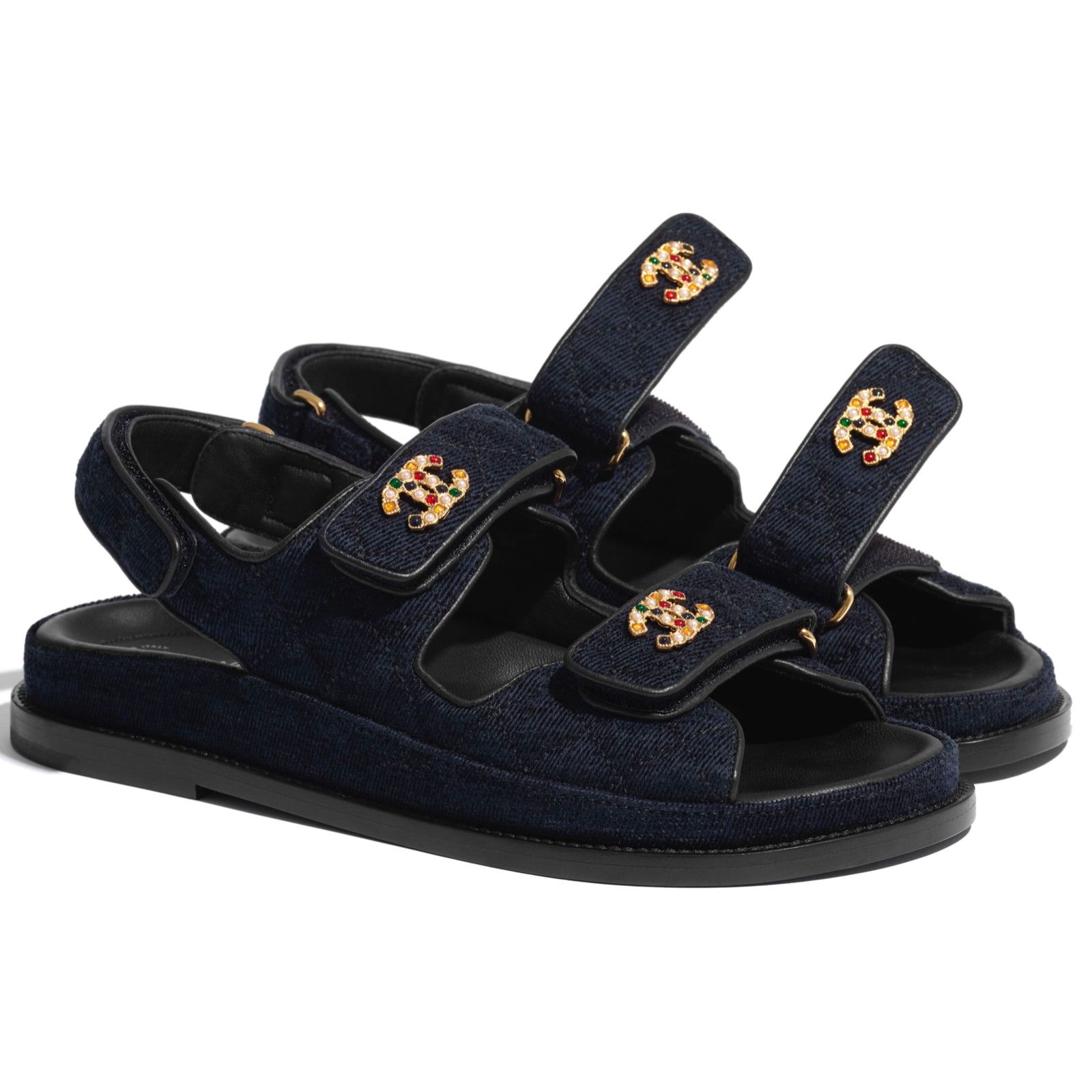Chanel 21A Blue Velvet Denim CC Logo Mule Slide Strap