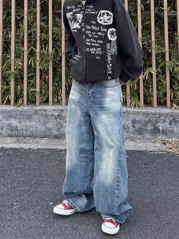 VIBE Washed and whitened creased vintage baggy jeans Size US 34 / EU 50 - 1 Thumbnail