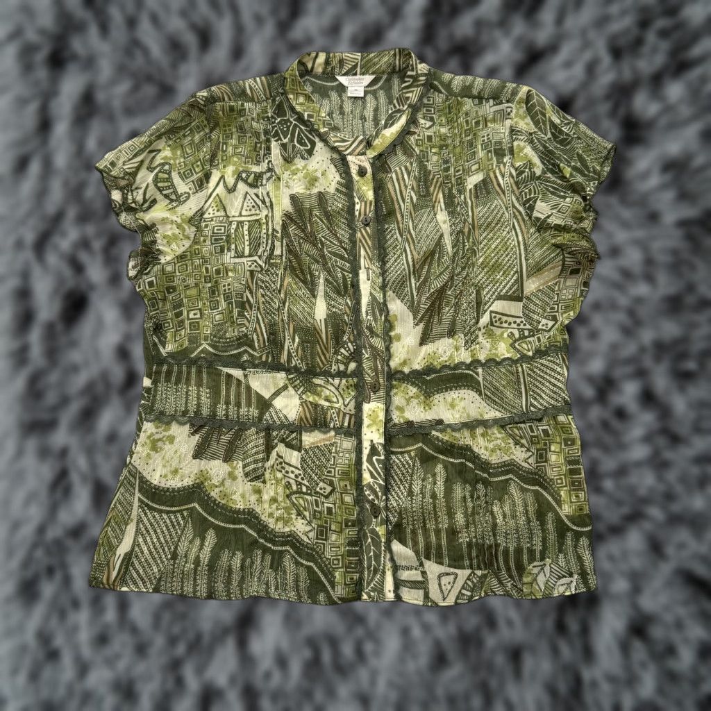 Vintage Christopher & Banks Shirt XL Green Geometric Abstract Tribal Artsy Short Sleeve Button Front Lined Lightweight Boho Retro Size XL / US 12-14 / IT 48-50 - 1 Thumbnail