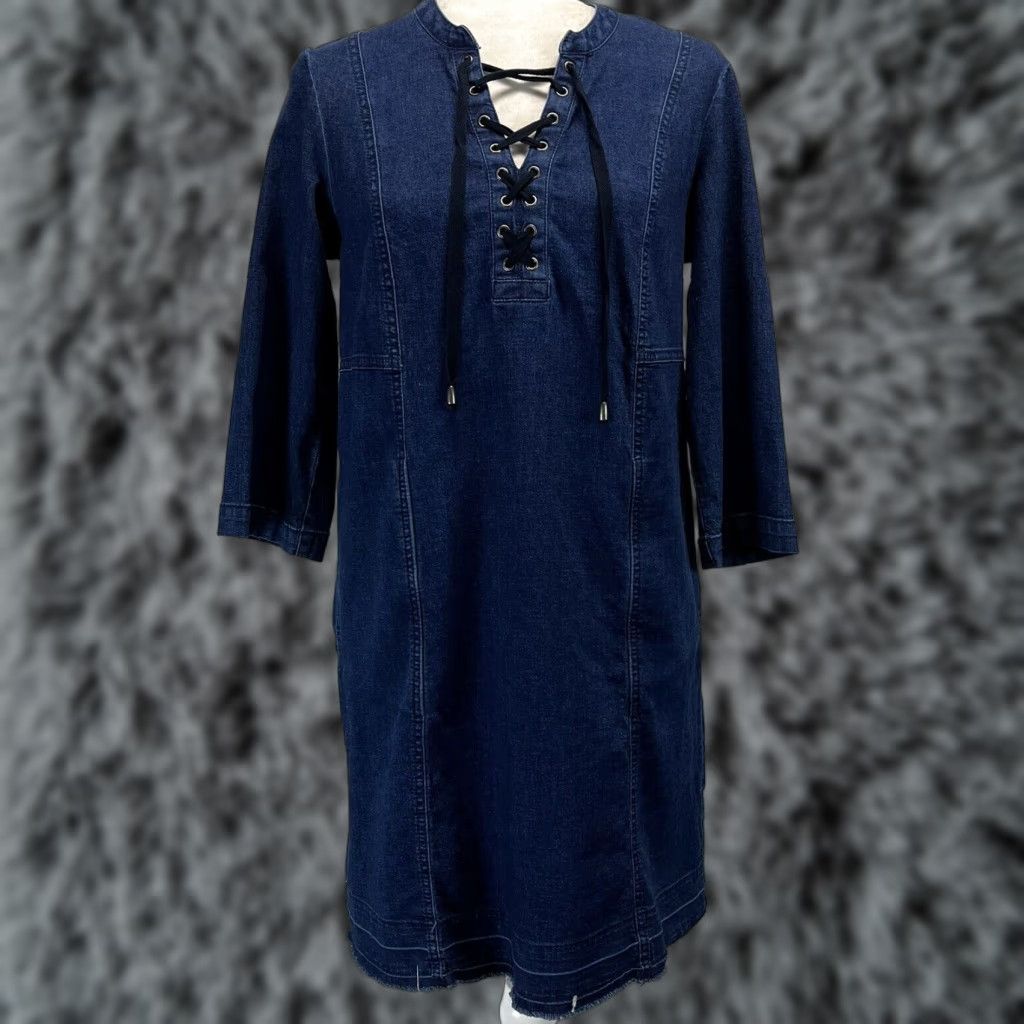 J. Jill J. Jill Denim Dress Small Petite VGUC RAW Hem Lace Up Front 3/4 Sleeves Stretch Color Blue? (Note: Questionable) Size S / US 4 / IT 40 - 1 Thumbnail