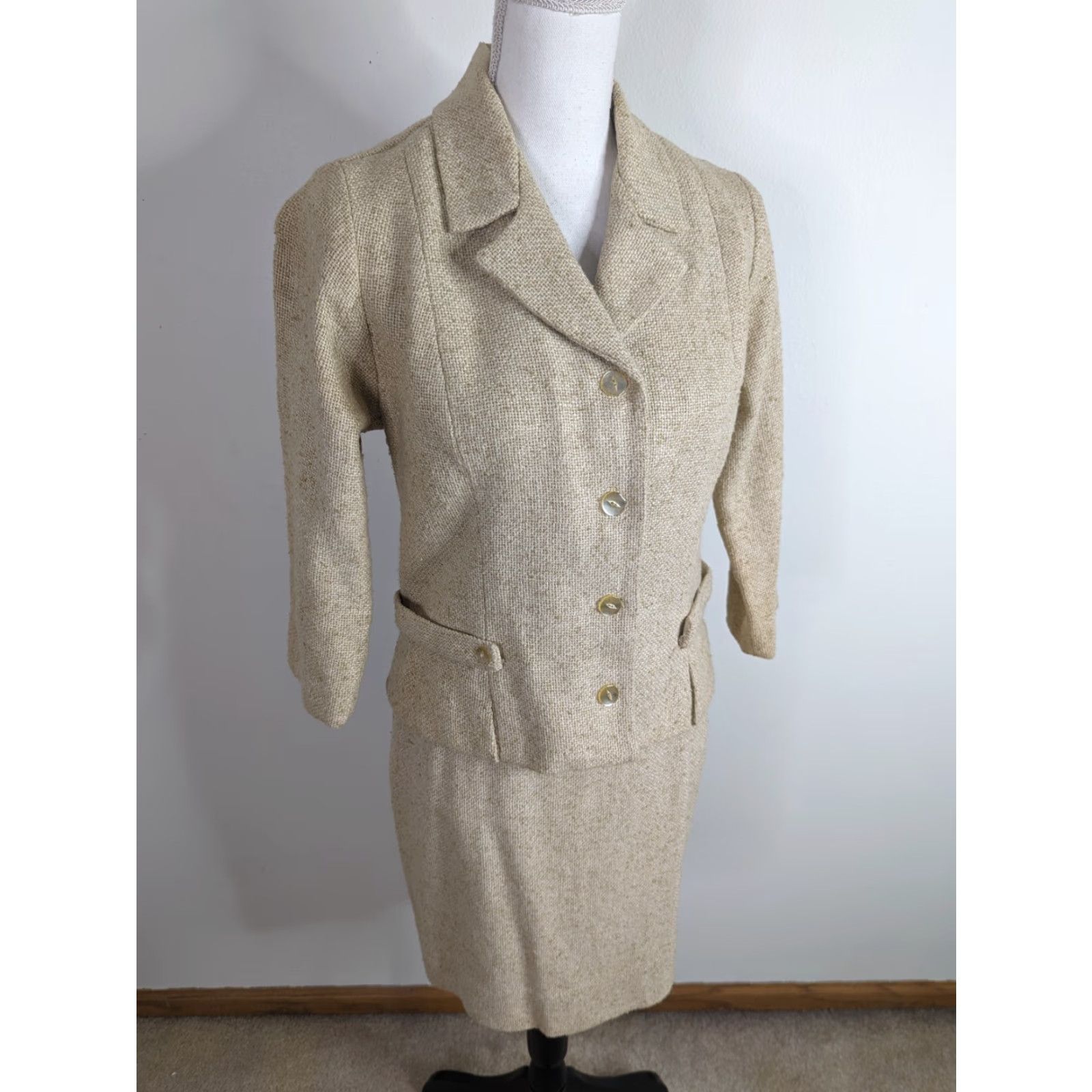 Vintage VINTAGE Beeline 2 Piece Suit Skirt Coat Beige Tweed Women's XS 60s 50s Skirt Suit Womens Linen Lined Beeline Fashion D2 Size 26" / US 2 / IT 38 - 2 Thumbnail
