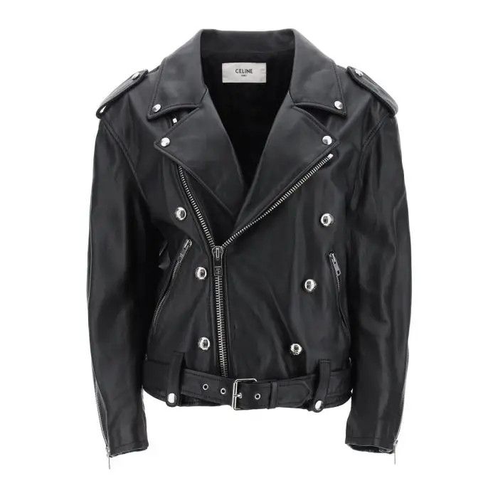 image of Celine O1S22I1N0424 Leather Biker Jacket In Black, Women's (Size XS)