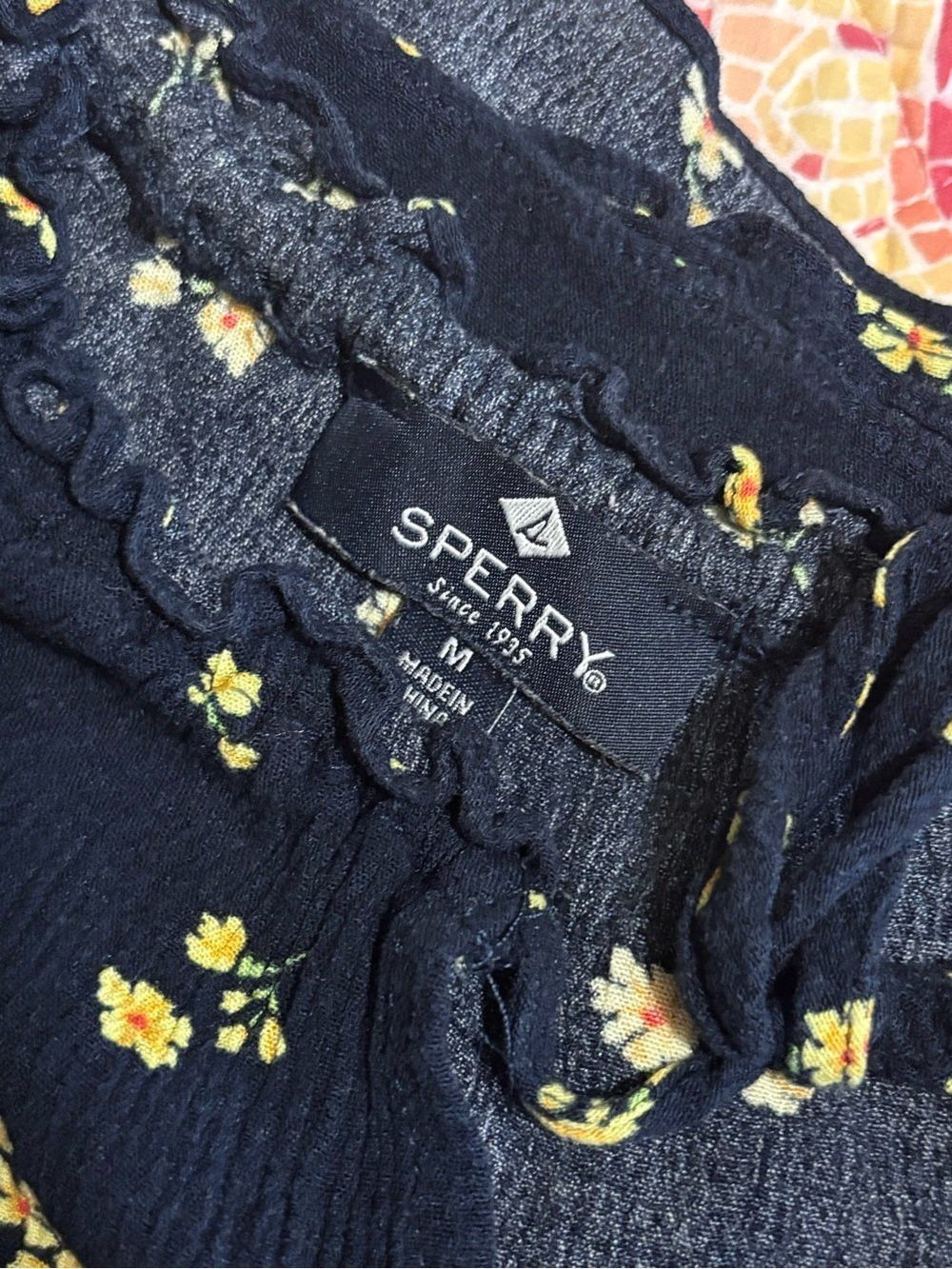 Sperry Sperry Navy Blue Yellow Floral Tiered Dress Bell Sleeves Size M / US 6-8 / IT 42-44 - 4 Thumbnail