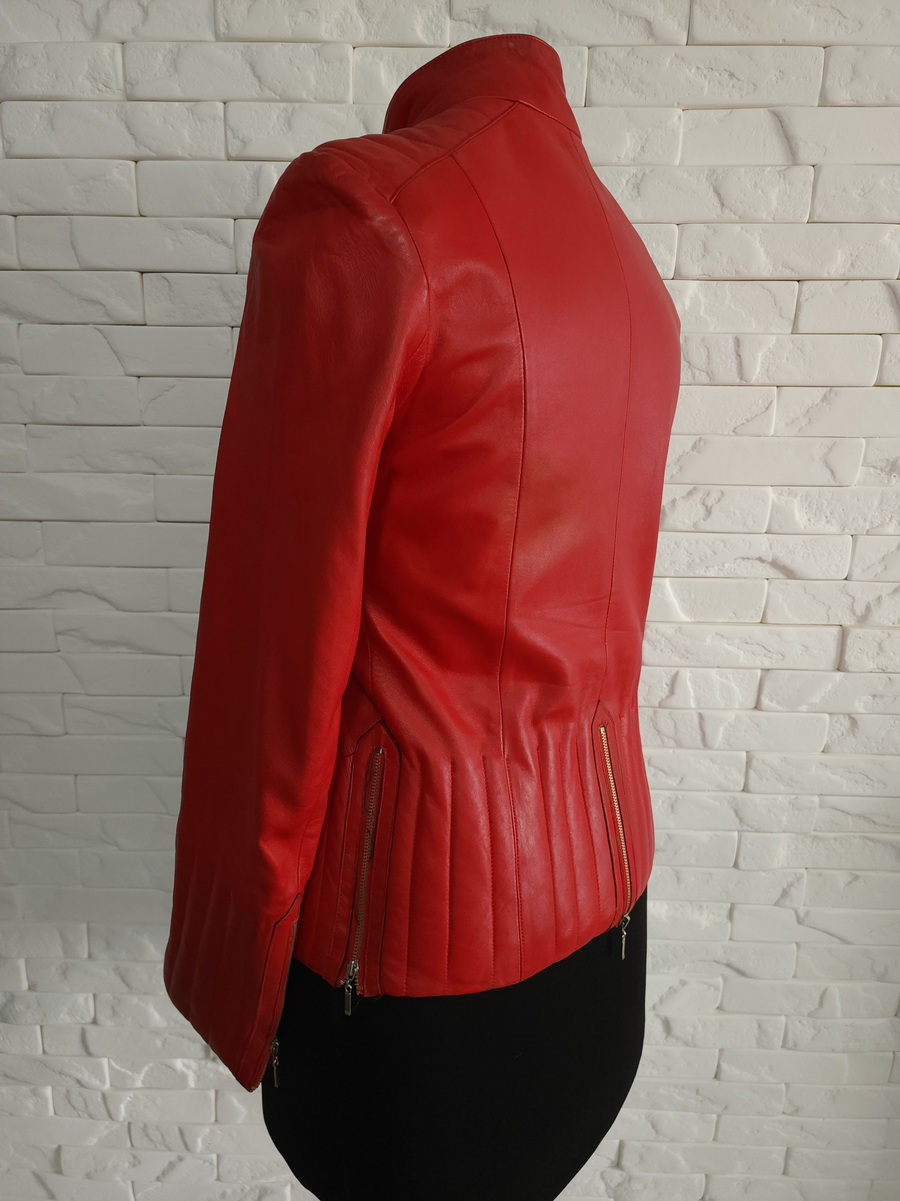 Genuine Leather Stylish women's red leather jacket with a metal zipper. Size M / US 6-8 / IT 42-44 - 5 Thumbnail