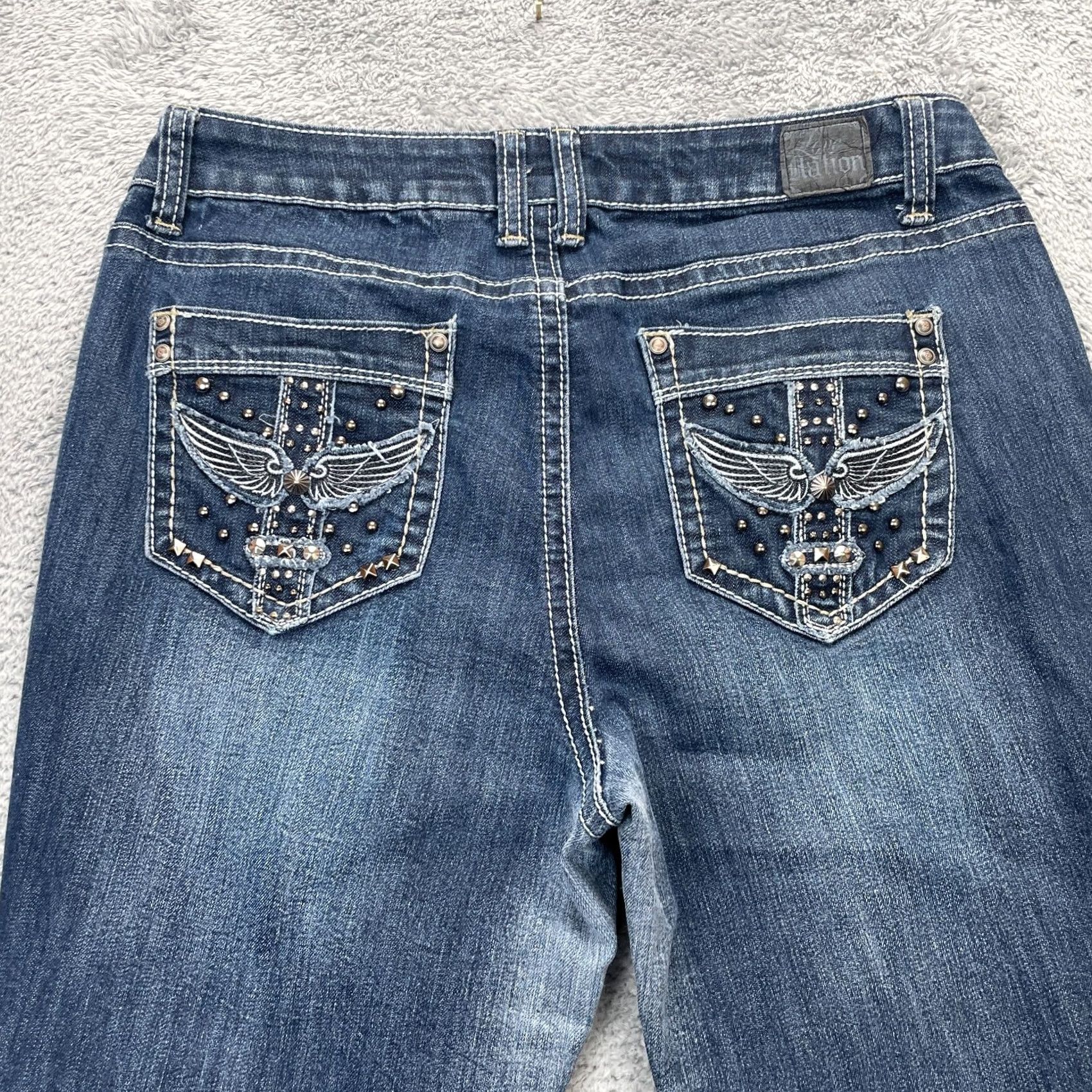 Vintage Love Nation Angel Wings Jeans Womens 12 Bootcut Embroidered Beaded 5-Pocket Denim Cotton Polyester Spandex Blue Size 34" / US 12 / IT 48 - 2 Thumbnail