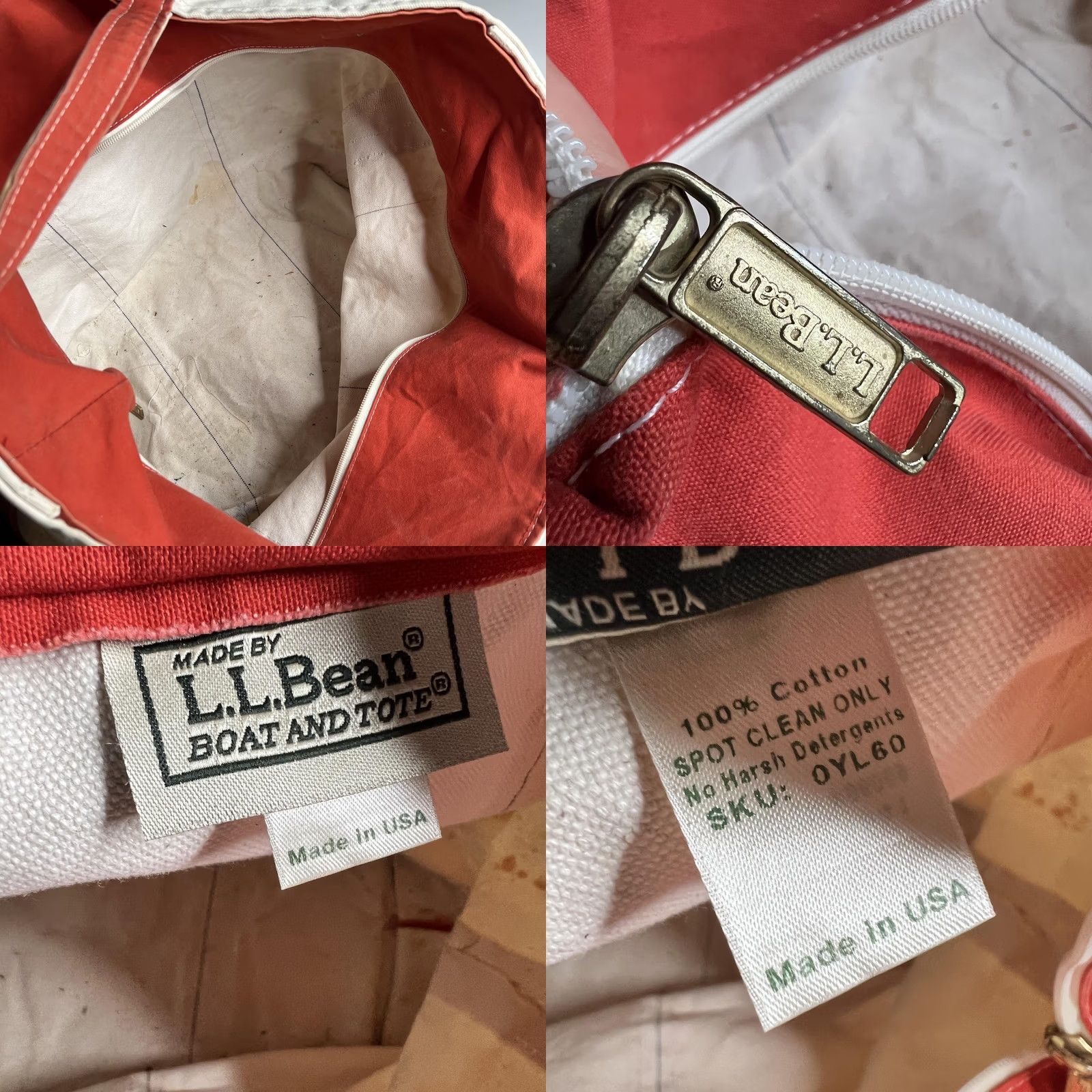 Vintage L.L.Bean Tote Bag Womens Large Beige Boat And Tote Zip USA Monogram Meghan Red Size ONE SIZE - 8 Thumbnail