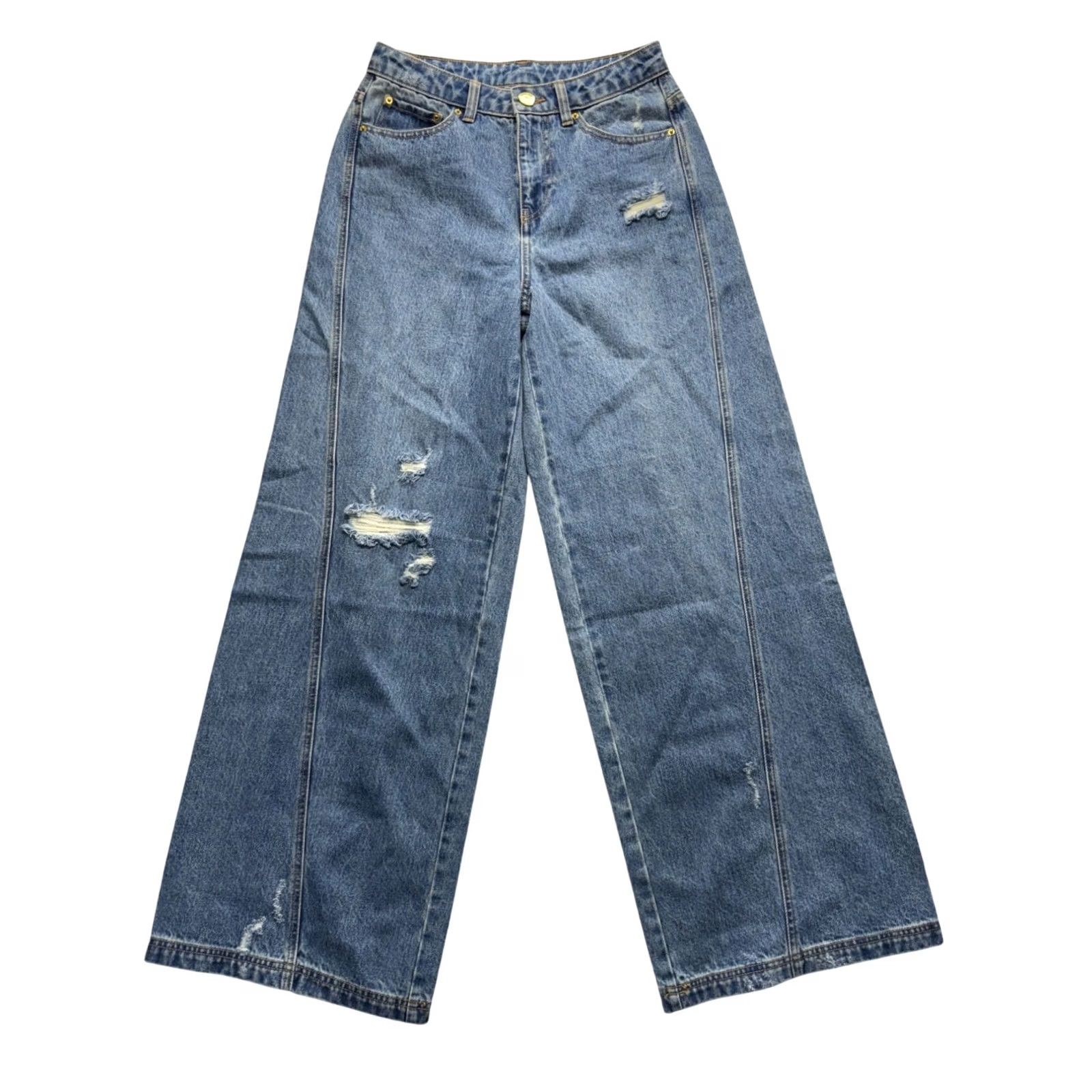 Vintage Future Collective Jenee Naylor Wide-Leg Denim 4 Recycled Cotton Distressed Blue Womens Jeans Size ONE SIZE - 2 Thumbnail