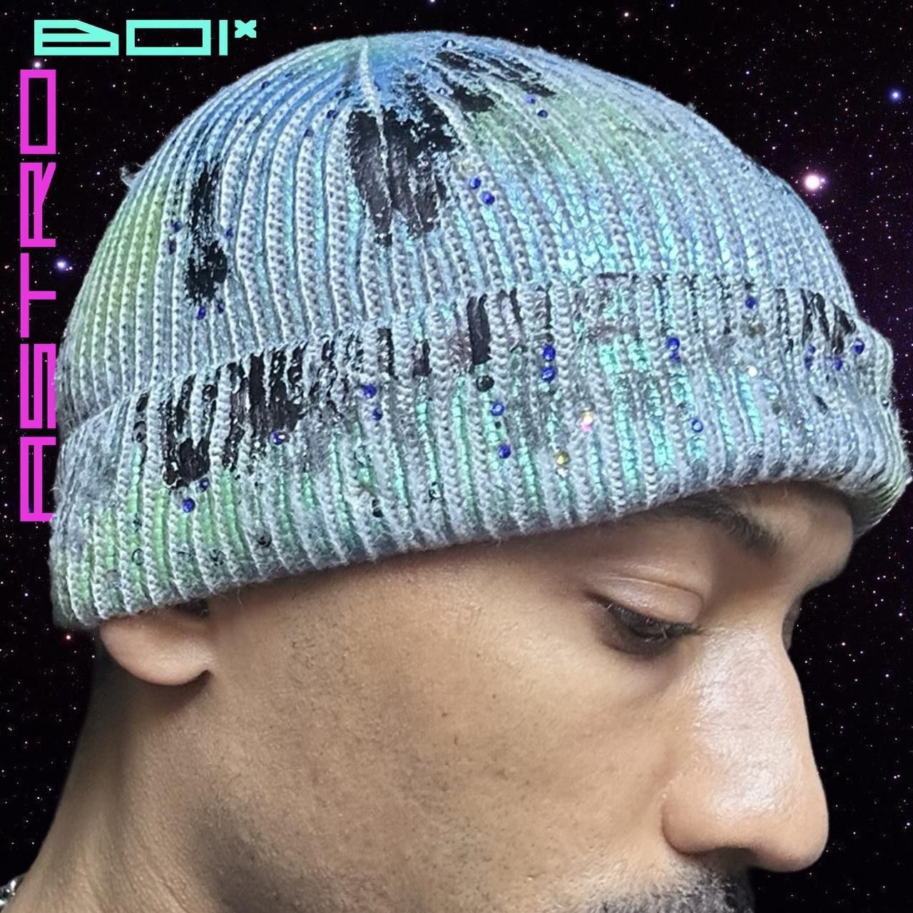 ASTROBOI* Deep Ocean Blue Green Iridescent Rhinestone Beanie