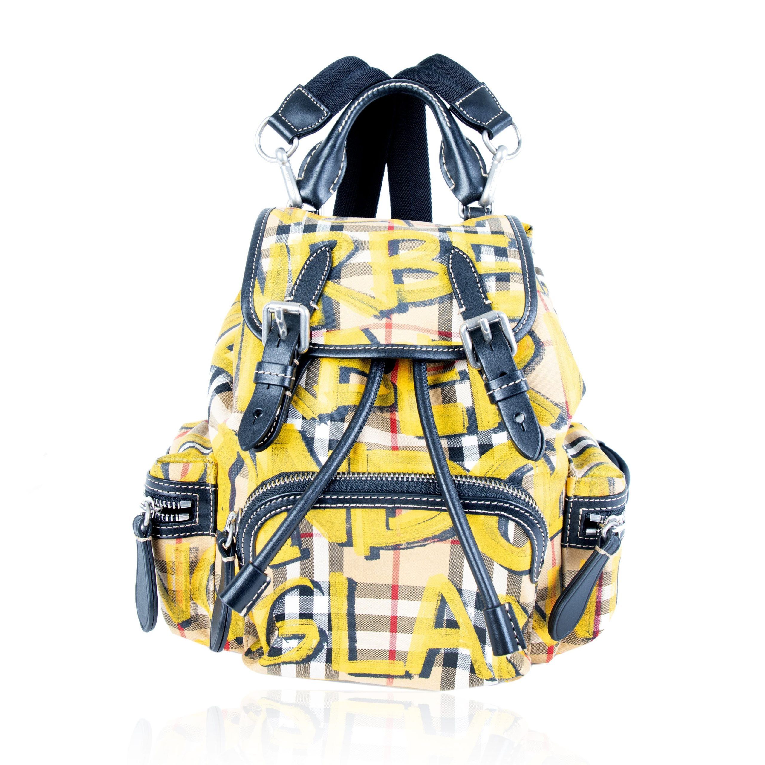 image of Burberry Yellow Check-Print Graffiti Small Rucksack, Women's