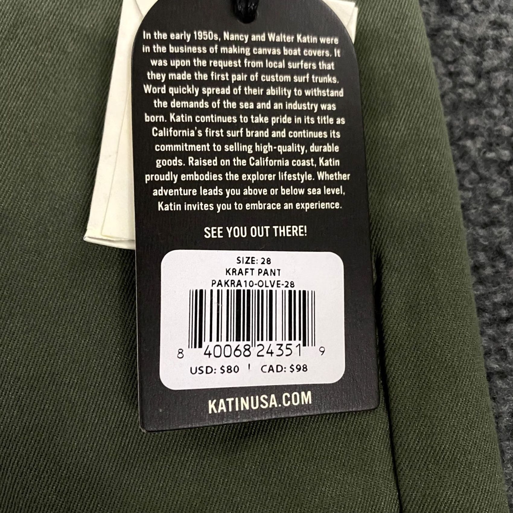 Katin Kraft Pant Chino Stretch Twill Olive Green Surf Skate 28x32 New Mens, Men's — image 5 of 6