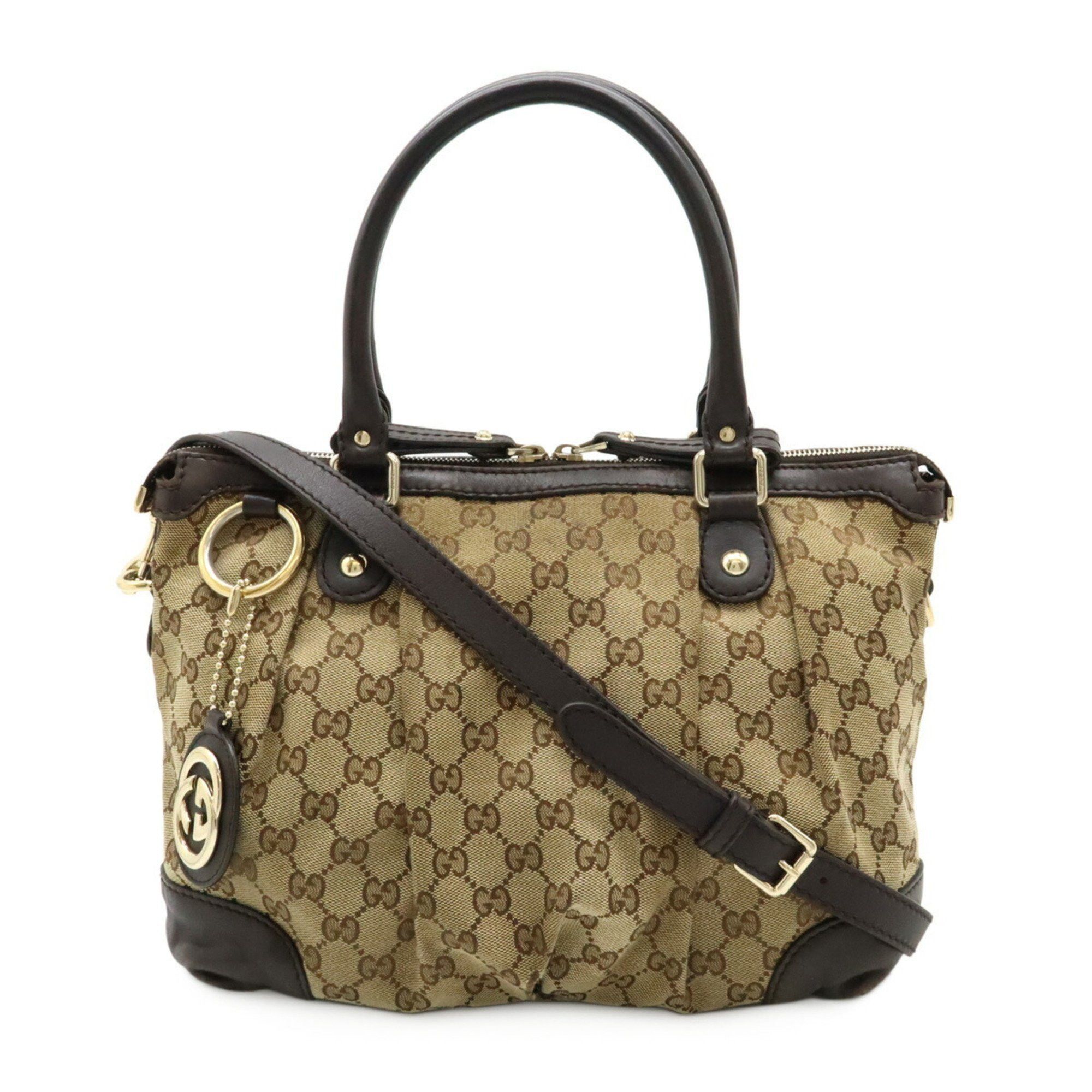 Gucci GG Canvas Sukey Handbag Tote Bag Leather Khaki Beige Dark Brown 247902, Women's