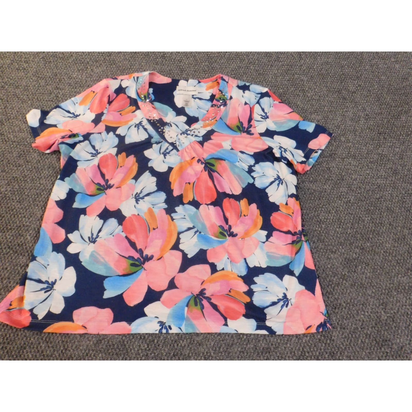 Vintage Alfred Dunner Blouse L Blue Floral Pink Coastal Stretch Polyester Women Regular Vintage No Size L / US 10 / IT 46 - 3 Thumbnail