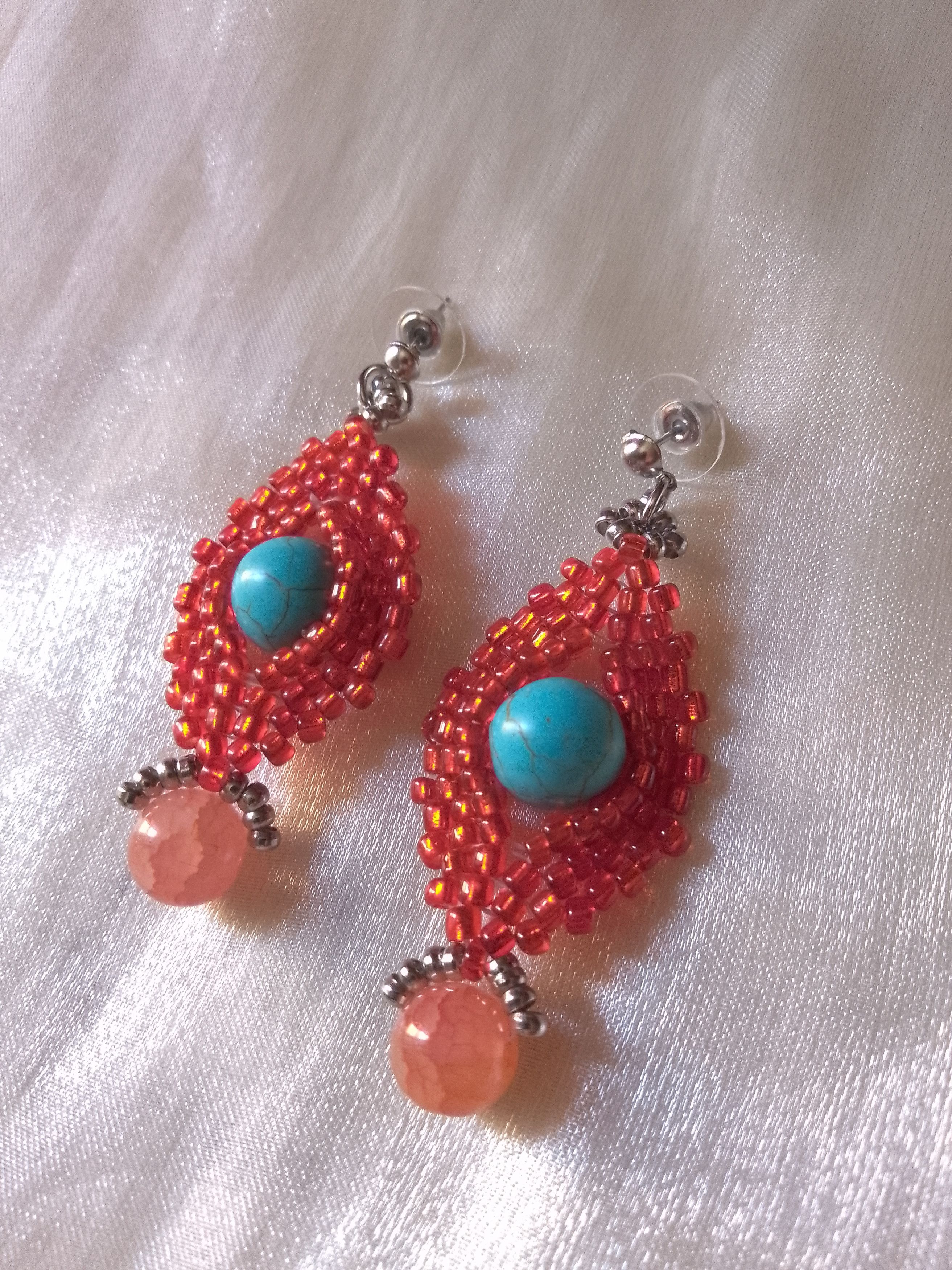 Handmade Dangling Earrings Turquoise Howlite, orange Agate gemstones Size ONE SIZE - 1 Thumbnail