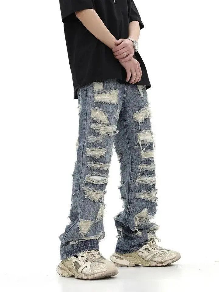Japanese Brand washed torn hole cut straight tube loose fitting jeans Size US 32 / EU 48 - 3 Thumbnail
