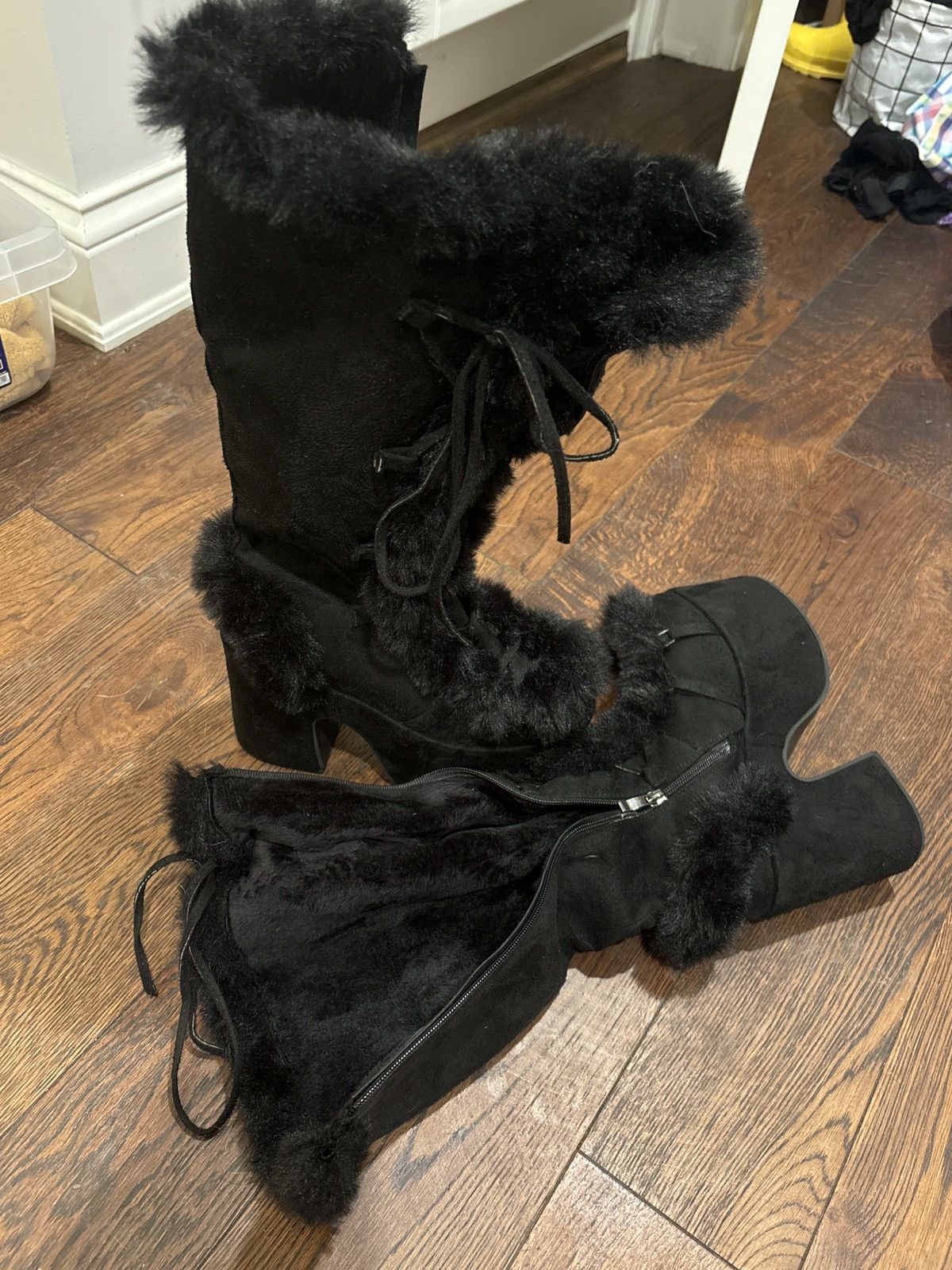 Dolls Kill Black Chunky Platform Fur Heel Boots Y2K | Grailed