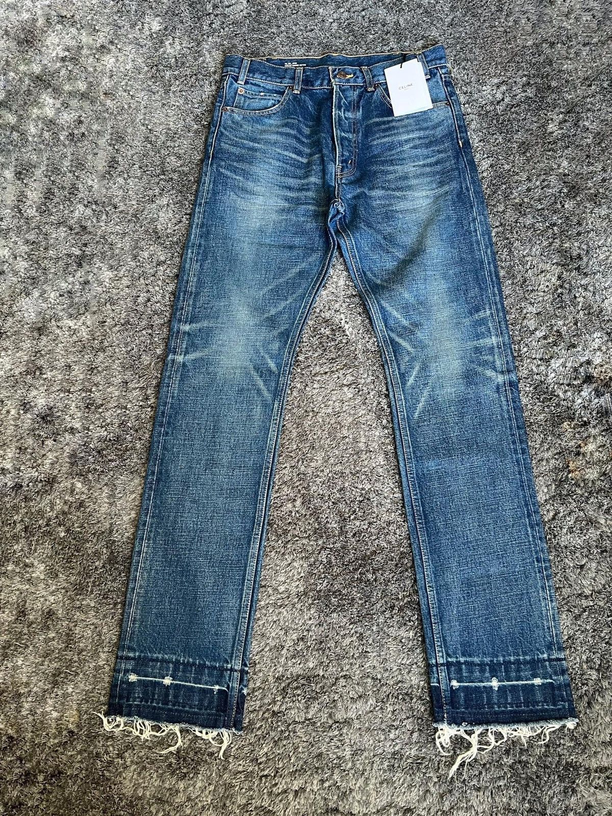 image of Celine x Hedi Slimane Fw22 Vintage Dark Union Wash Relaxed Hem Lou Jeans in Blue, Men's (Size 31)