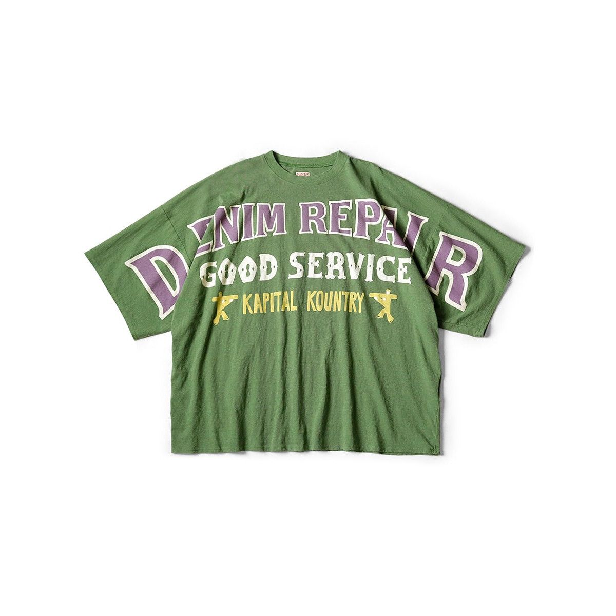 image of Kapital T-Shirt Huge Tee (Denim Repairpt) Green 3(Us Xl), Men's (Size Large)