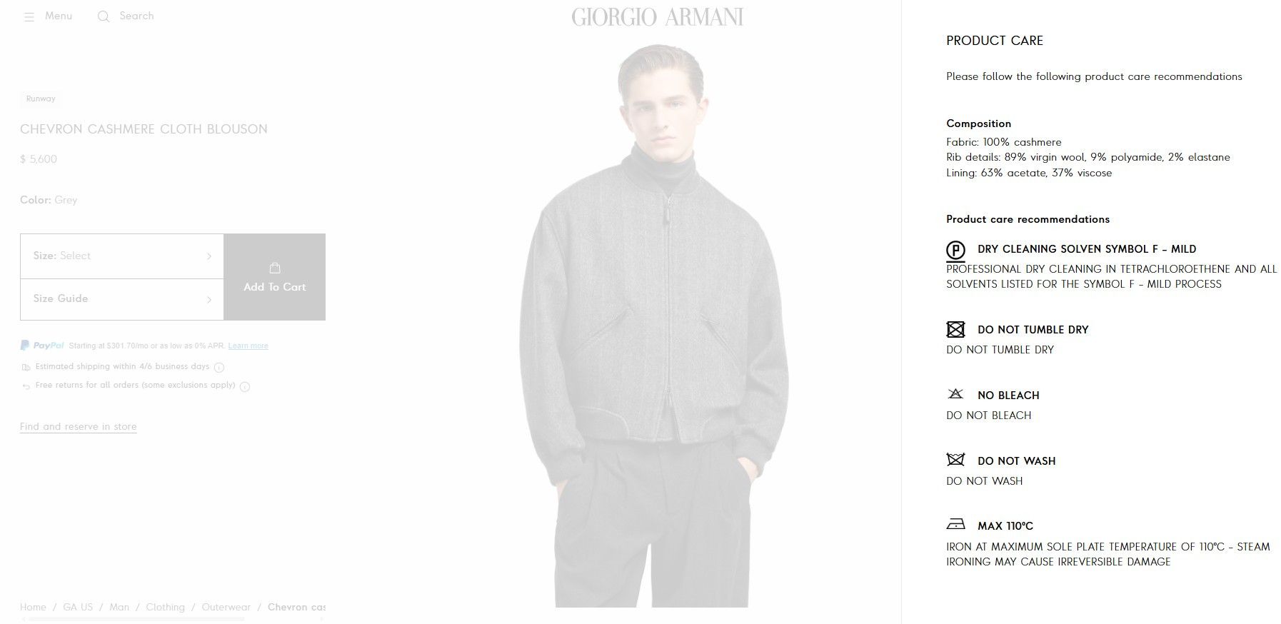 Giorgio Armani Cashmere Chevron Herringbone Zip-Front Bomber Jacket Blouson Size US XL / EU 56 / 4 - 7 Thumbnail