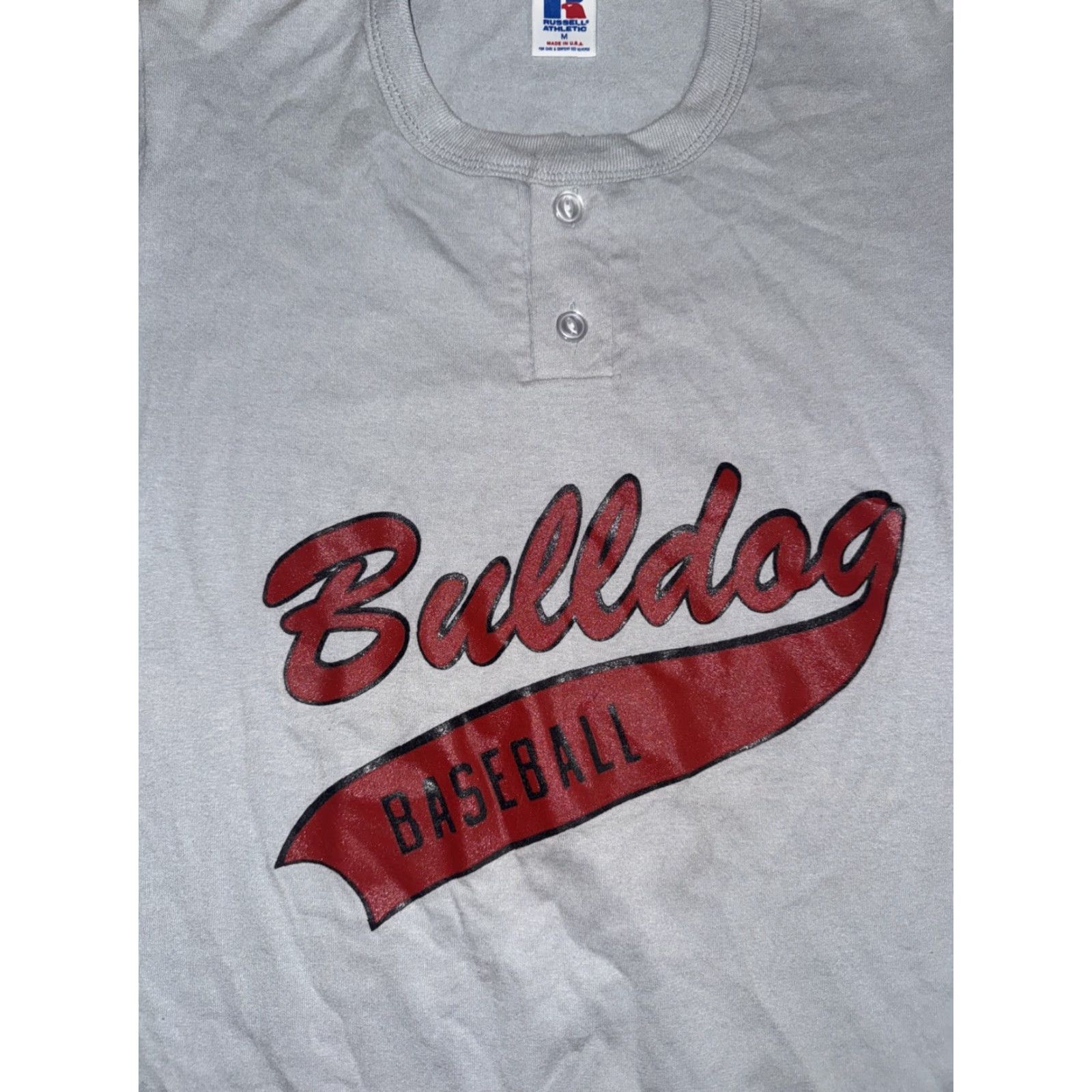 Russell Athletic VINTAGE Russell Athletic Henley Baseball T-Shirt Bulldogs Gray USA Made Mens M Short Sleeve Cotton Blend Size US M / EU 48-50 / 2 - 2 Thumbnail