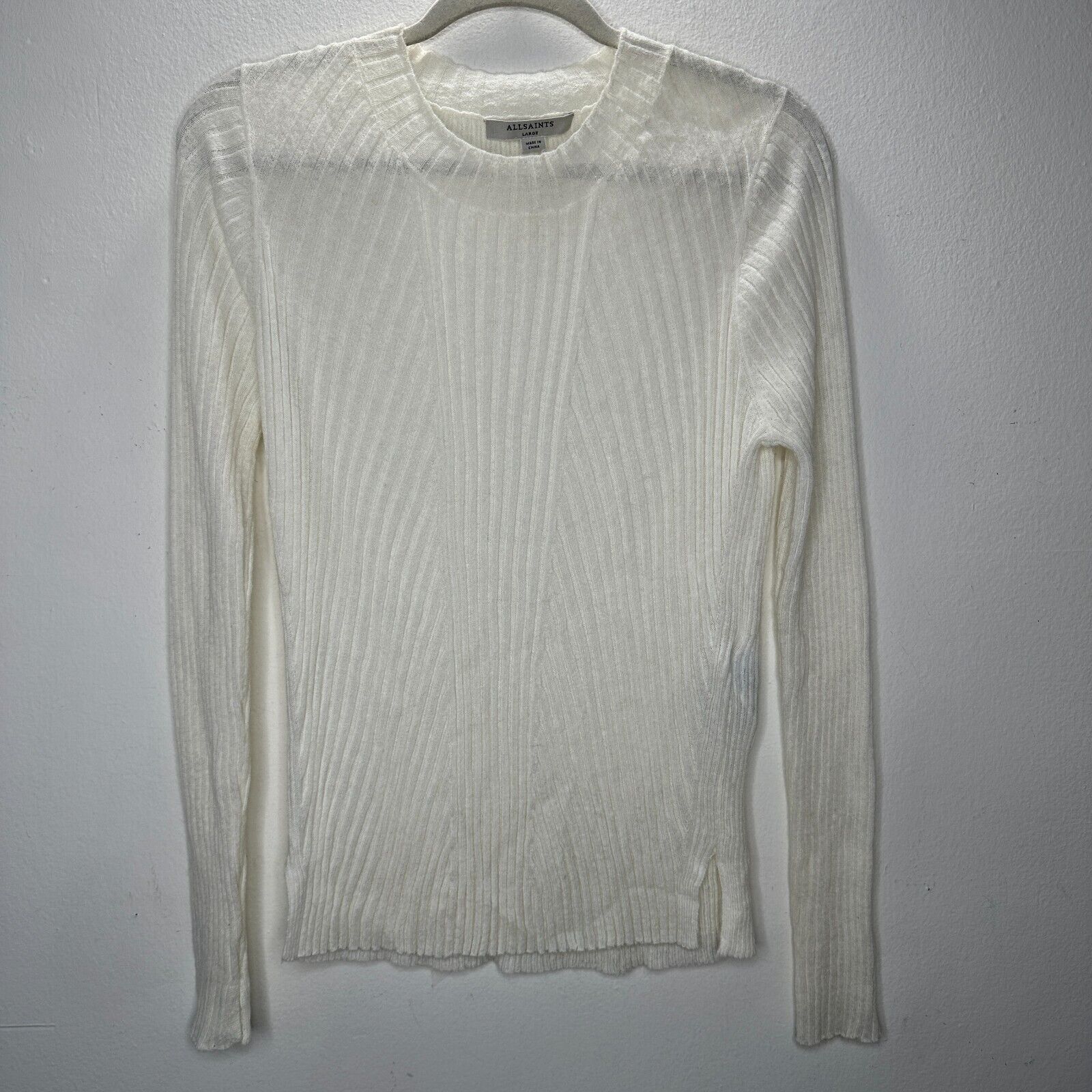 Allsaints Allsaints Cream Ribbed Long Sleeve Round Neck Thin Sweater L Size L / US 10 / IT 46 - 3 Thumbnail