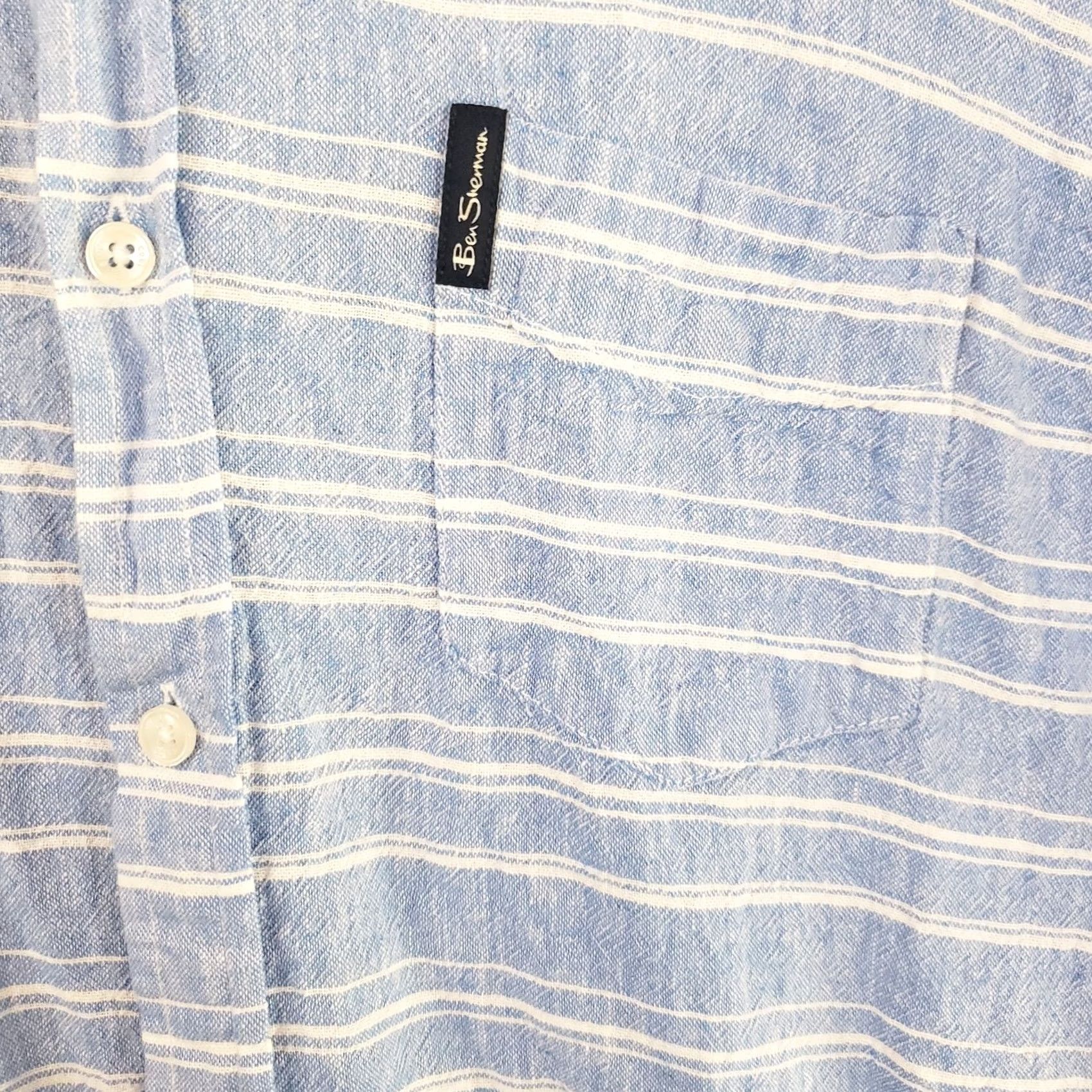 Ben Sherman Ben Sherman Mens L Blue Stripe Linen Blend Shirt Short Sleeve Collared Button-Up Casual Size US L / EU 52-54 / 3 - 6 Thumbnail