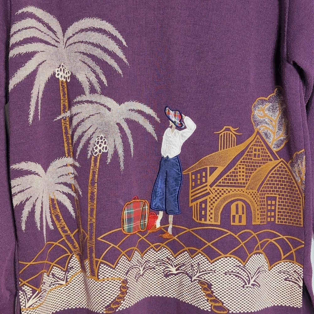Designer Ornate Tropical Vacation Scene Purple Sweater w Satin Accen Size L / US 10 / IT 46 - 6 Thumbnail
