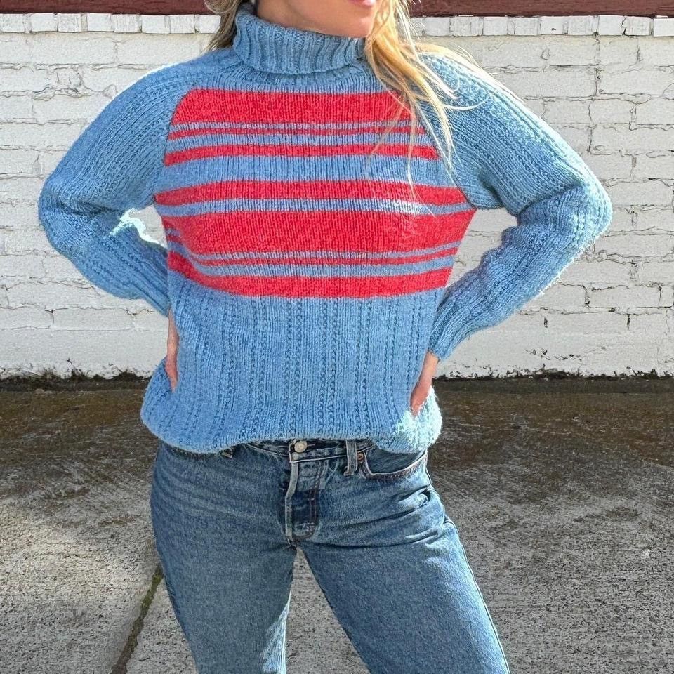 Vintage Vintage Blue and Red Stripe Turtleneck Sweater Size S / US 4 / IT 40 - 2 Thumbnail