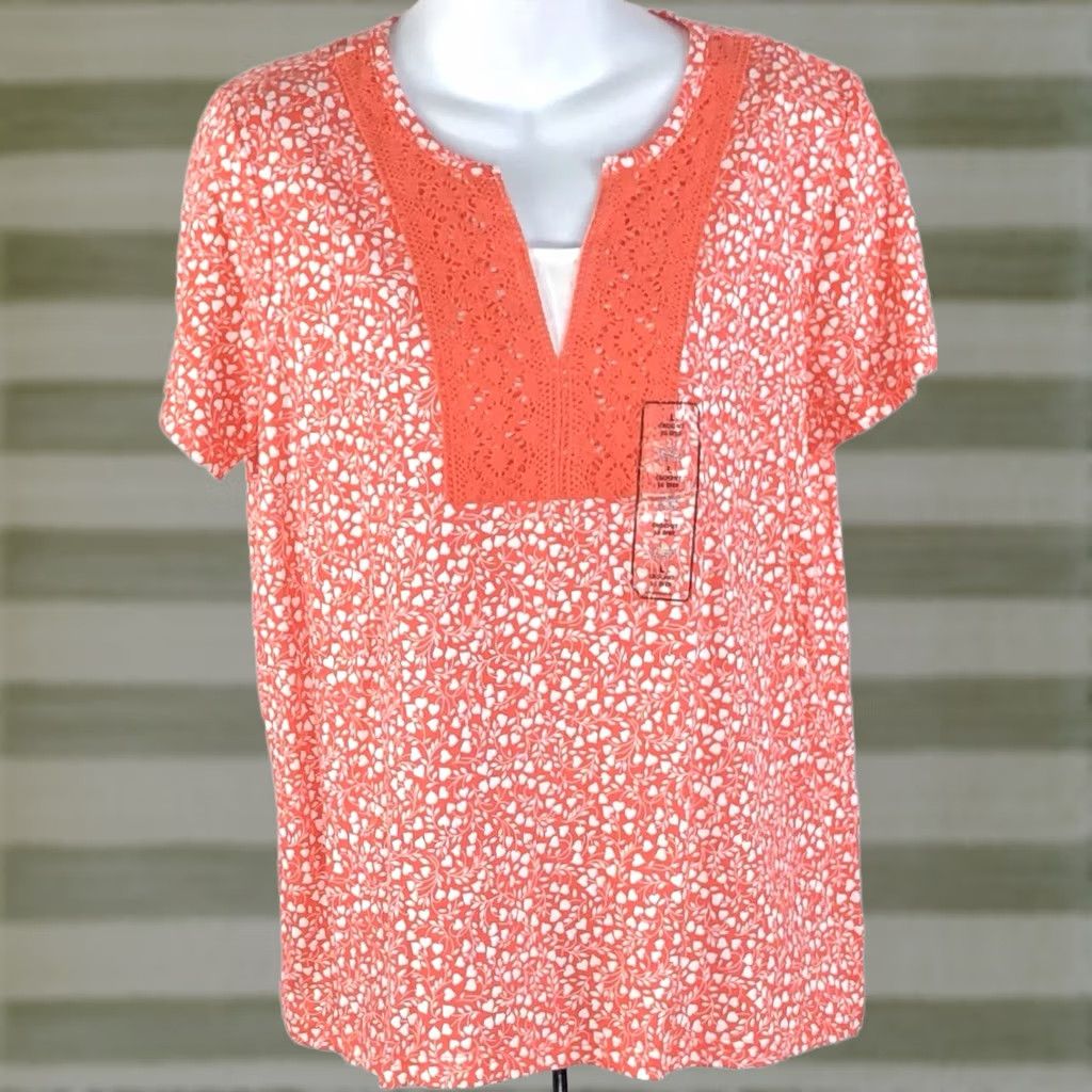 Basic Editions NWT Basic Crochet Top L Orange Wht Floral Short Sleeve Y2K Cottage Capsule Womens Size L / US 10 / IT 46 - 1 Thumbnail