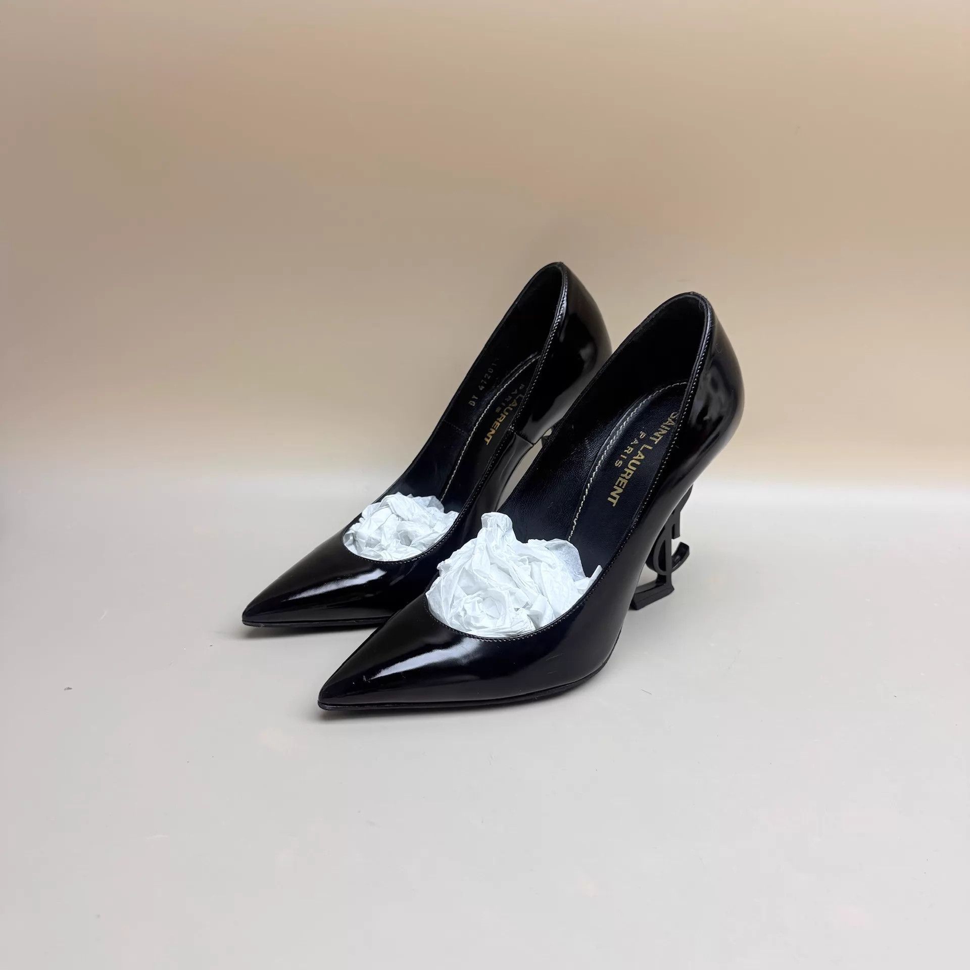 Yves Saint Laurent YSL Black Patent Leather Asymmetric Heel Pump Size 36 Size US 5.5 / IT 35.5 - 1 Thumbnail