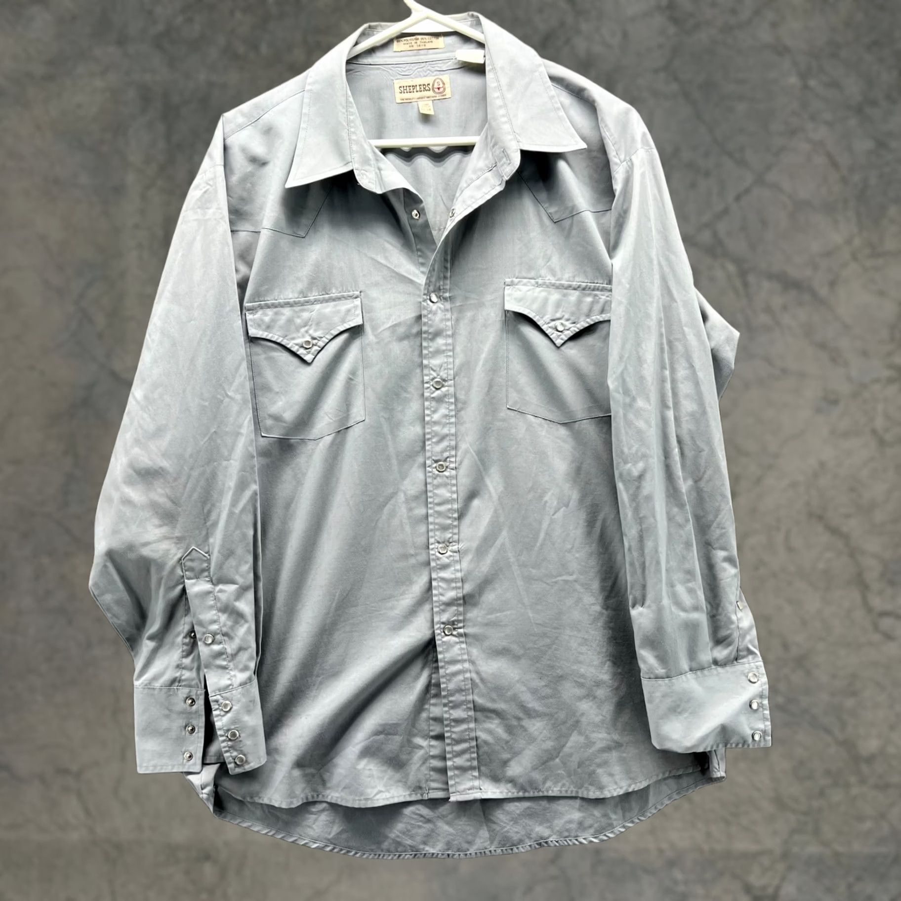 Vintage Sheplers Shirt Mens 17 34 Grey Pearl Snap Western Cowboy Rodeo Cotton Stretch Size US XL / EU 56 / 4 - 1 Thumbnail