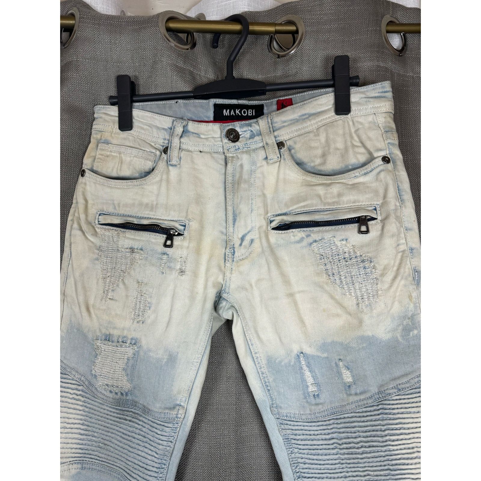 Unknown London Makobi Prado Biker Jeans With Rip & Repair Light Wash Mens Size US 30 / EU 46 - 3 Thumbnail