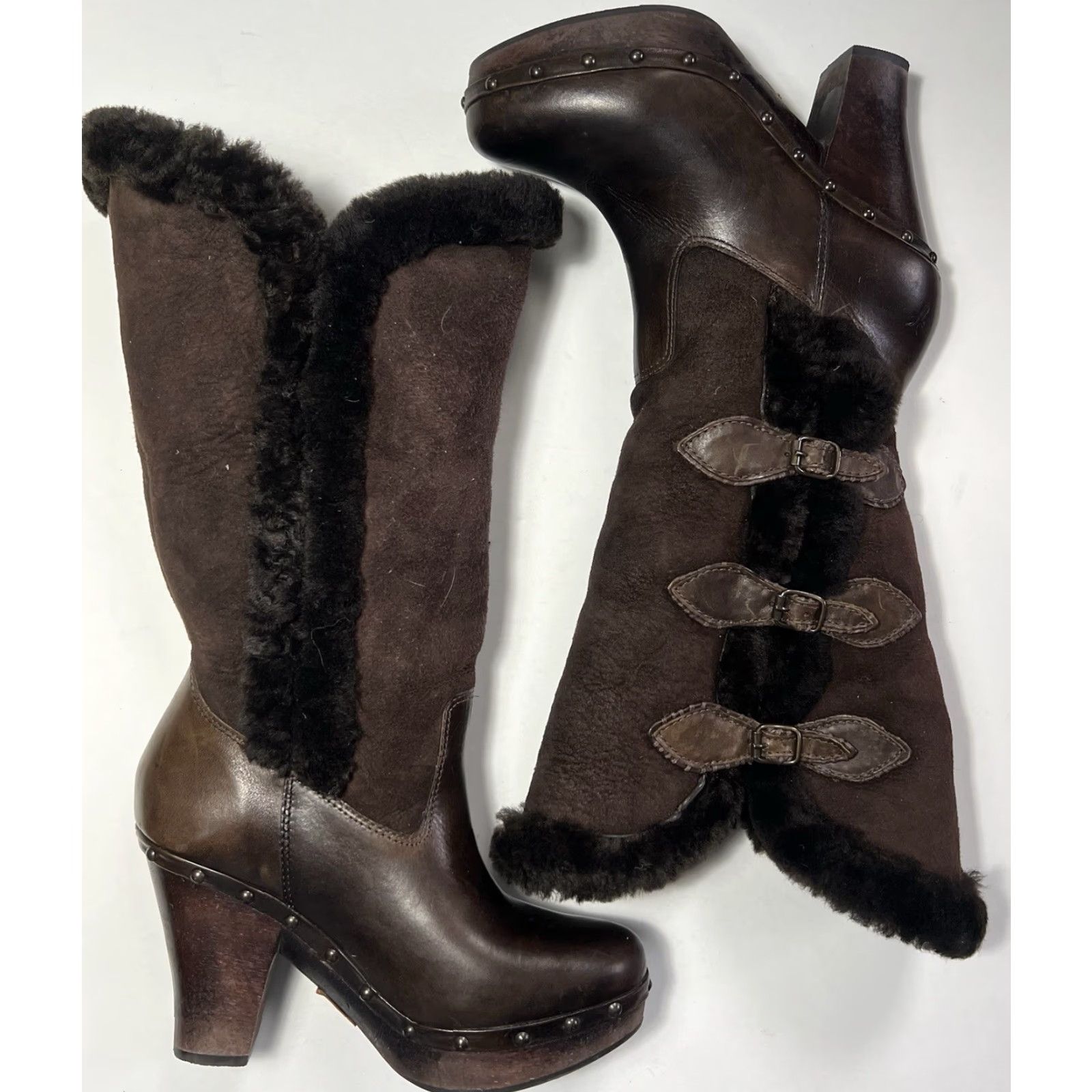 Frye Frye Boots Women 7B Brown Leather Shearling Sheepskin Buckle Ella Winter Size US 7 / IT 37 - 3 Thumbnail