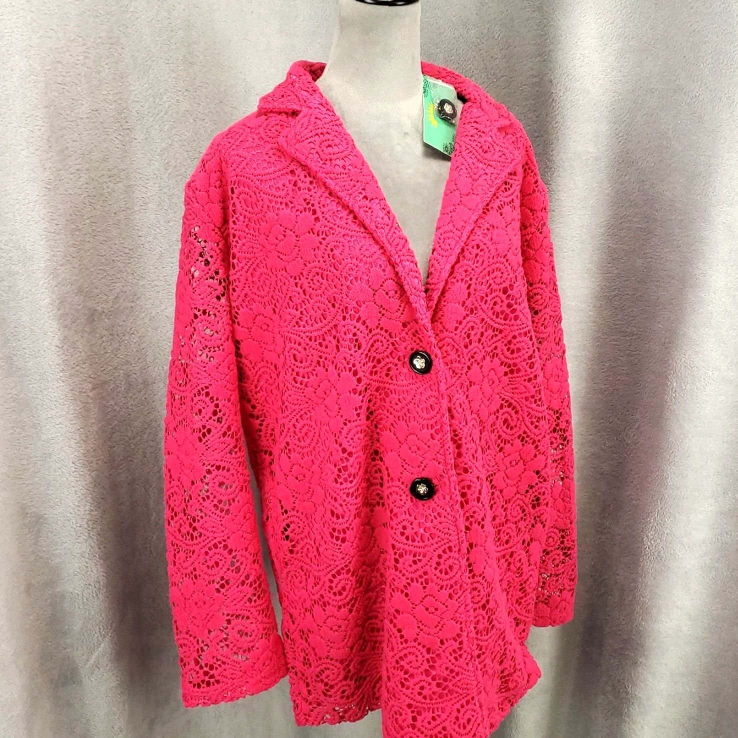 Vintage New Womens Blazer Jacket Large Hot Pink Lace Button Up Lined Single Vent Size L / US 10 / IT 46 - 2 Thumbnail