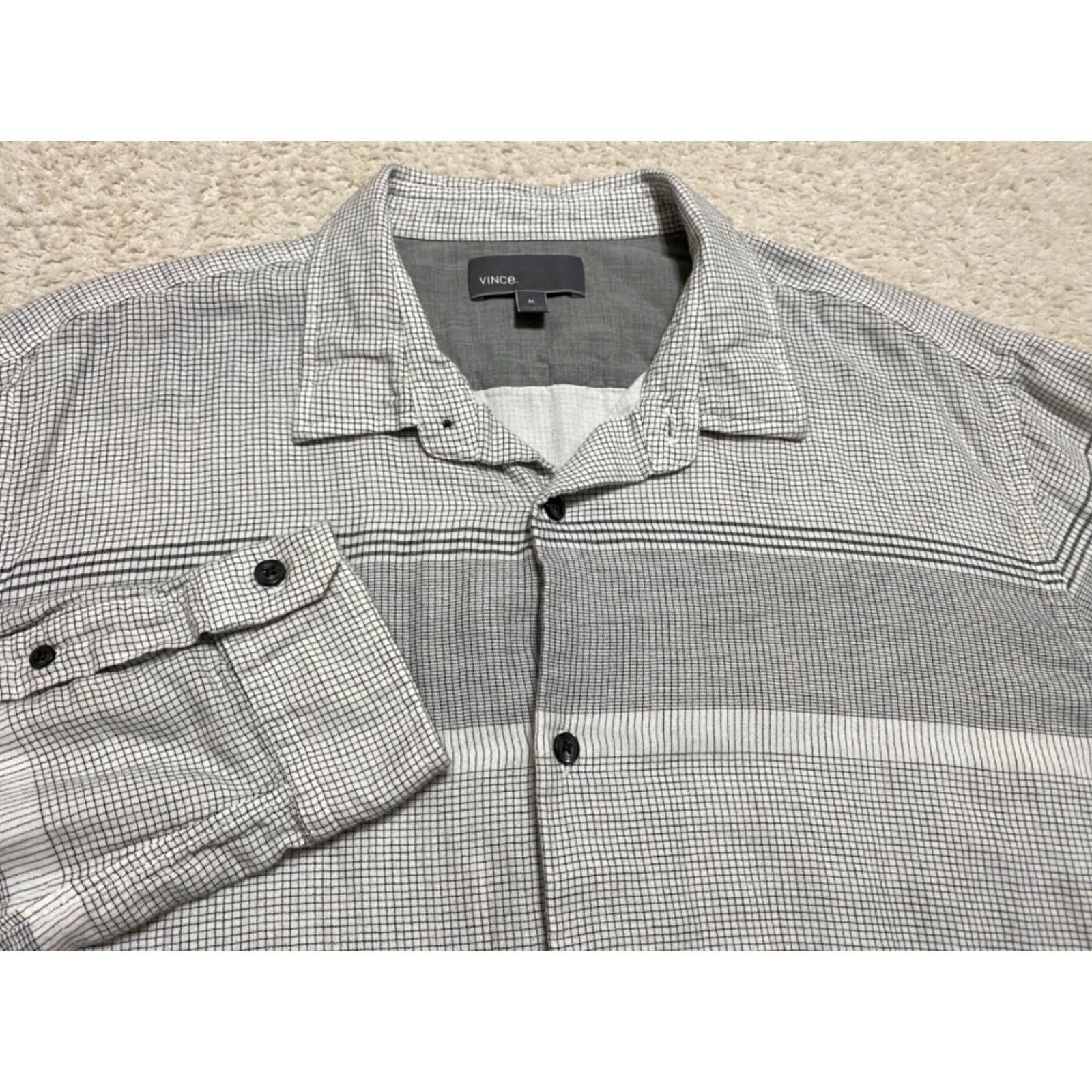 Vince Vince Shirt XL Men's Gray Plaid Striped Button-Front 100% Cotton Button-Up Long Sleeve Size US XL / EU 56 / 4 - 2 Thumbnail